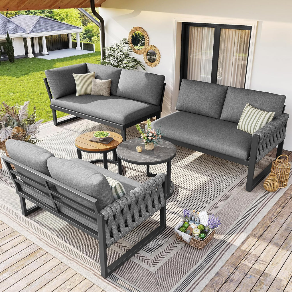 Gartenmöbel Set Lounge möbel Outdoor für 5-6 Personen, Metal, mit L-förmig gartensofa und Tisch, inklusive Aller Sitz- und Rückenkissen für Balkon Garten Terrasse (Grau)