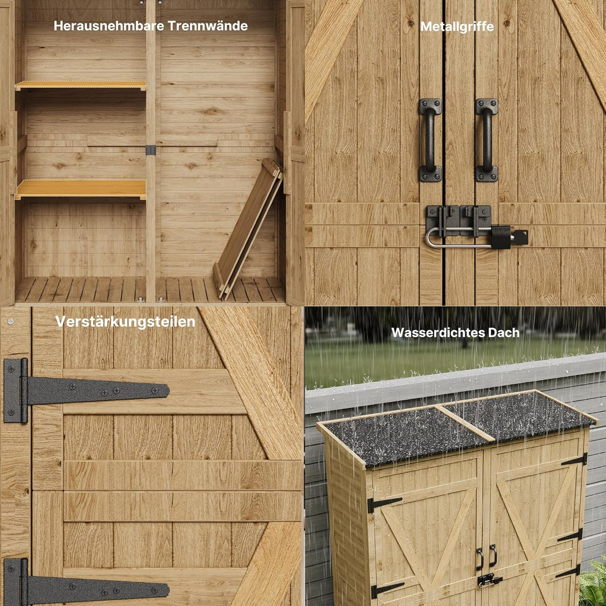 Gartenschrank Holz, Outdoor Geräteschrank, Gerätehaus mit Tür, Böden, Geräteschrank, Gartenhaus, Gartenschuppen für Garten, Terrasse & Balkon, 140x44x162cm, Natur