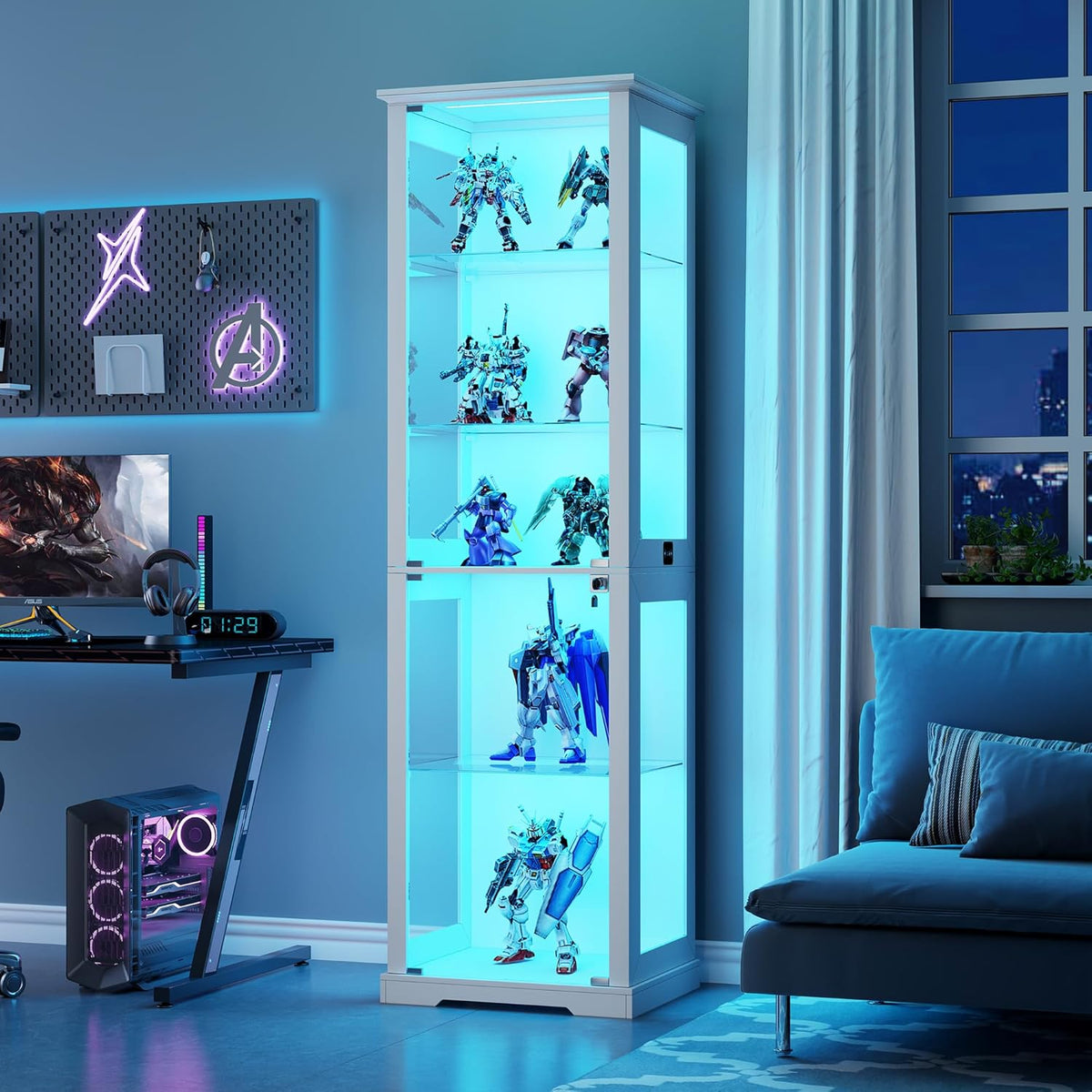 Lvifur Glasvitrine mit LED Beleuchtung und Glastüren für Wohnzimmer Schlafzimmer,40×50×180cm 5-Lagen Vitrinenschrank Vitrine mit Intelligente Sensorik für Sammlerstücke,Wein,Weiß