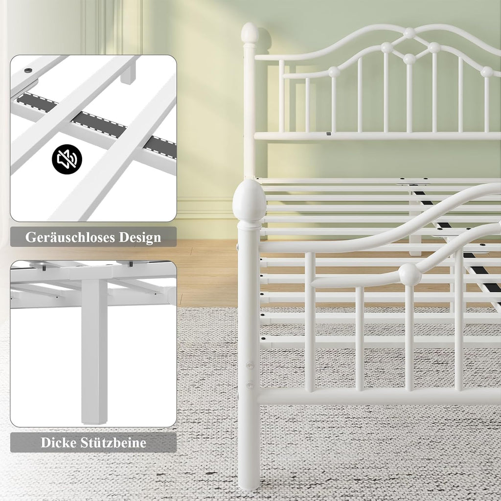 Bett 140 x 200 cm, Modernes Metallbett 140 x 200 cm mit Kopf- und Fußteil, viktorianischer Stil, Stauraum unter dem Bett, Einfach zu Montieren, Kein Lattenrost Erforderlich, Geräuscharm, Weiß