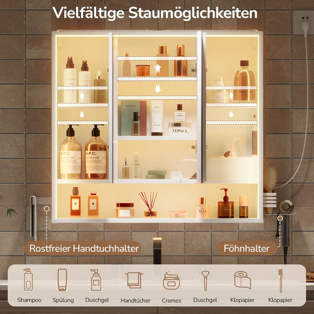 3-türiger Badspiegelschrank 80 cm breit mit LED-Beleuchtung, Steckdose & Touch-Sensor, 3 Lichtfarben dimmbar – inkl. Föhnhalter, Handtuchhalter & 4 verstellbaren Einlegeböden – Weiß