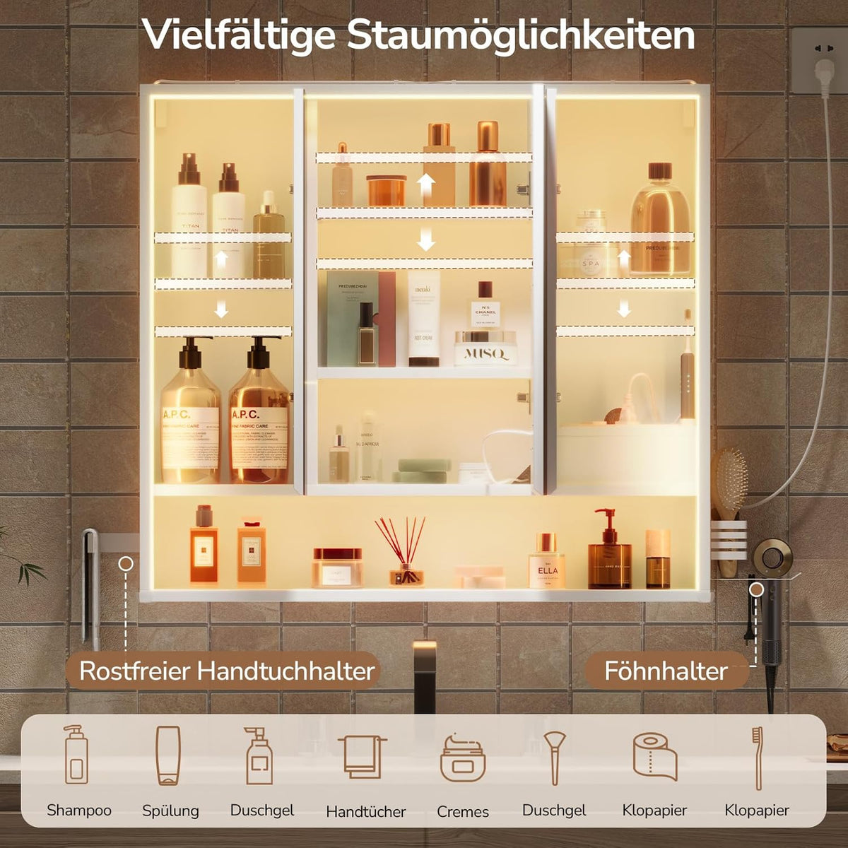 3-türiger Badspiegelschrank 80 cm breit mit LED-Beleuchtung, Steckdose & Touch-Sensor, 3 Lichtfarben dimmbar – inkl. Föhnhalter, Handtuchhalter & 4 verstellbaren Einlegeböden – Weiß