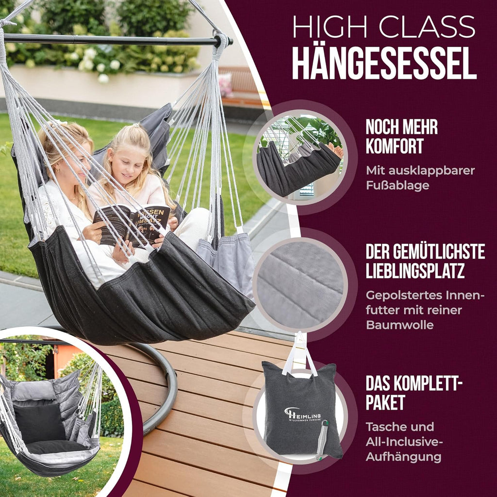 Hängesessel High-Class Outdoor & Indoor XXL [All Inclusive Paket mit Aufhängung + 3 Kissen] Kinder & Erwachsene bis 150 kg | Hängematte Wohn- Schlafzimmer, Garten Balkon Terrasse