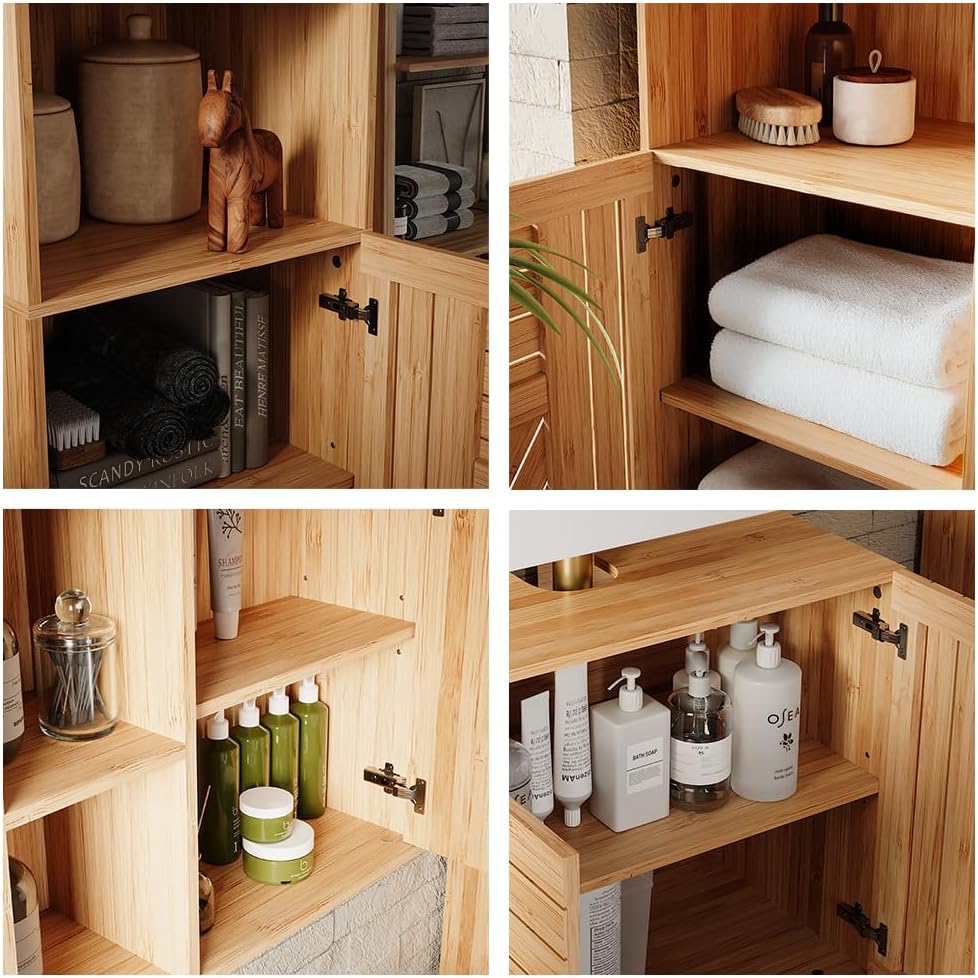 Vicco Badmöbel-Set Lucie, Bambus, 60 cm, besteht aus Waschbeckenunterschrank, Spiegelschrank, Hochschrank und Midischrank