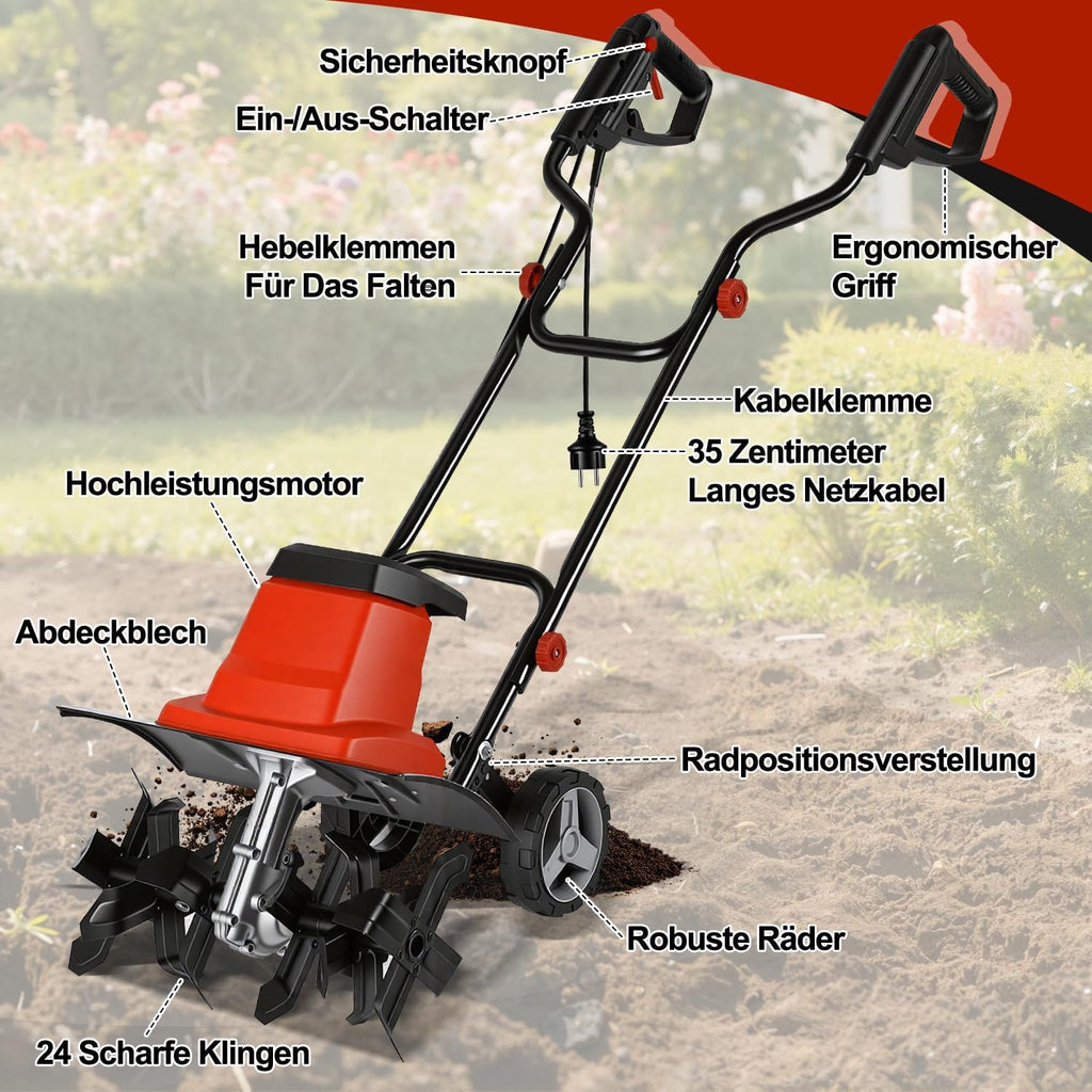 1500W Elektro Motorhacke Gartenfräse, Bodenfräse 400 mm Arbeitsbreite,220 mm Arbeitstiefe elektrische Bodenhacke Motorhacke,24 Messer zum Boden auflockern,Für Garten, Rasen und Beet