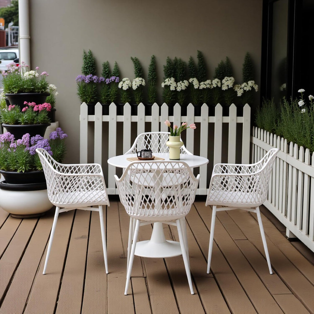 Gartenstuhl 6er Set, Outdoor Stuhl mit Armlehne, Armlehnensessel Loungesessel Lehnstühle, Gartenstühle 120 kg belastbar, Weiß