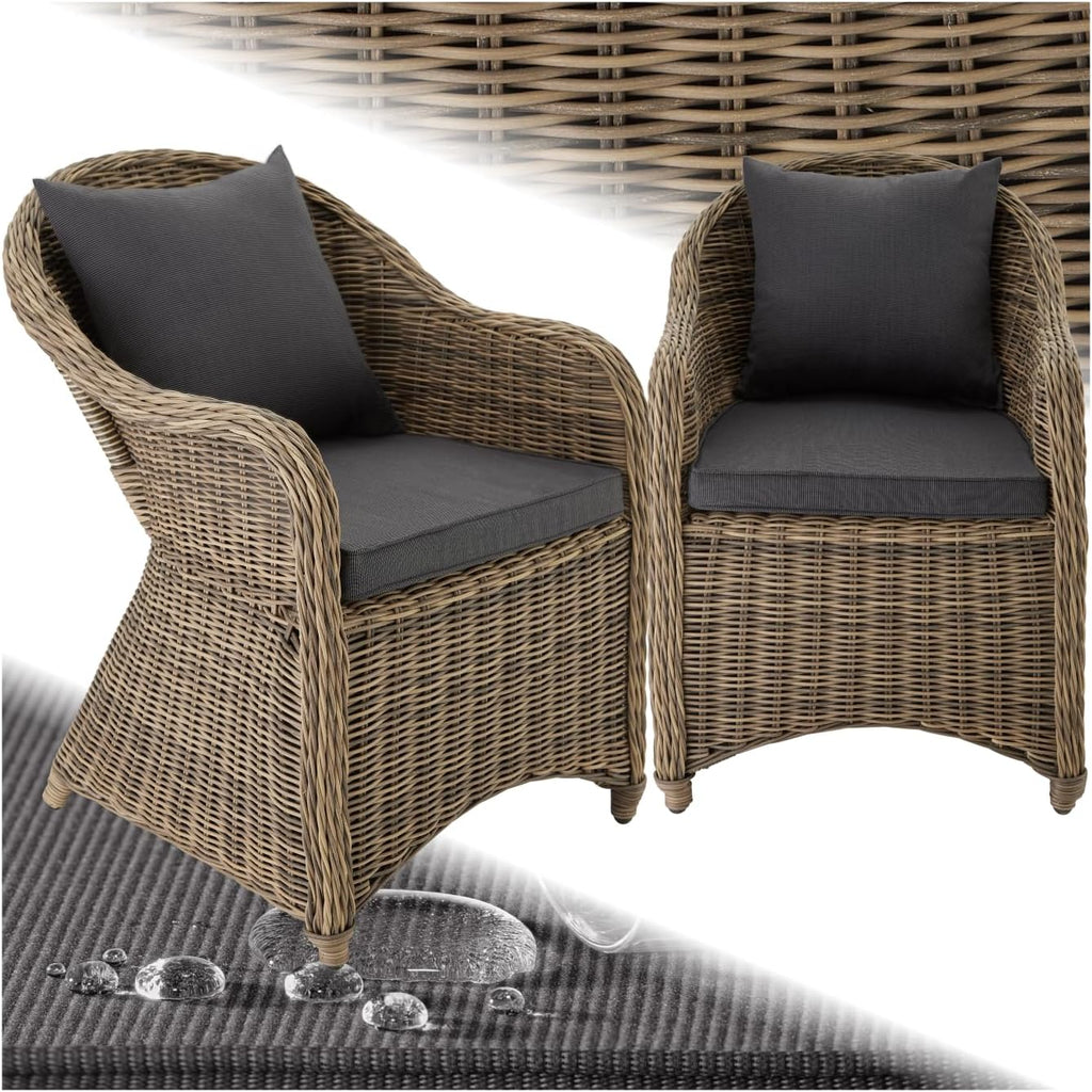 tectake® Alu Polyrattan Gartenstuhl 2er Set, Gartenmöbel Set mit 2 Sessel, wetterfest, Rattan Gartensessel mit weichen Sitzpolster, abziehbarer und waschbarer Bezug, stabil und bodenschonend - Natur