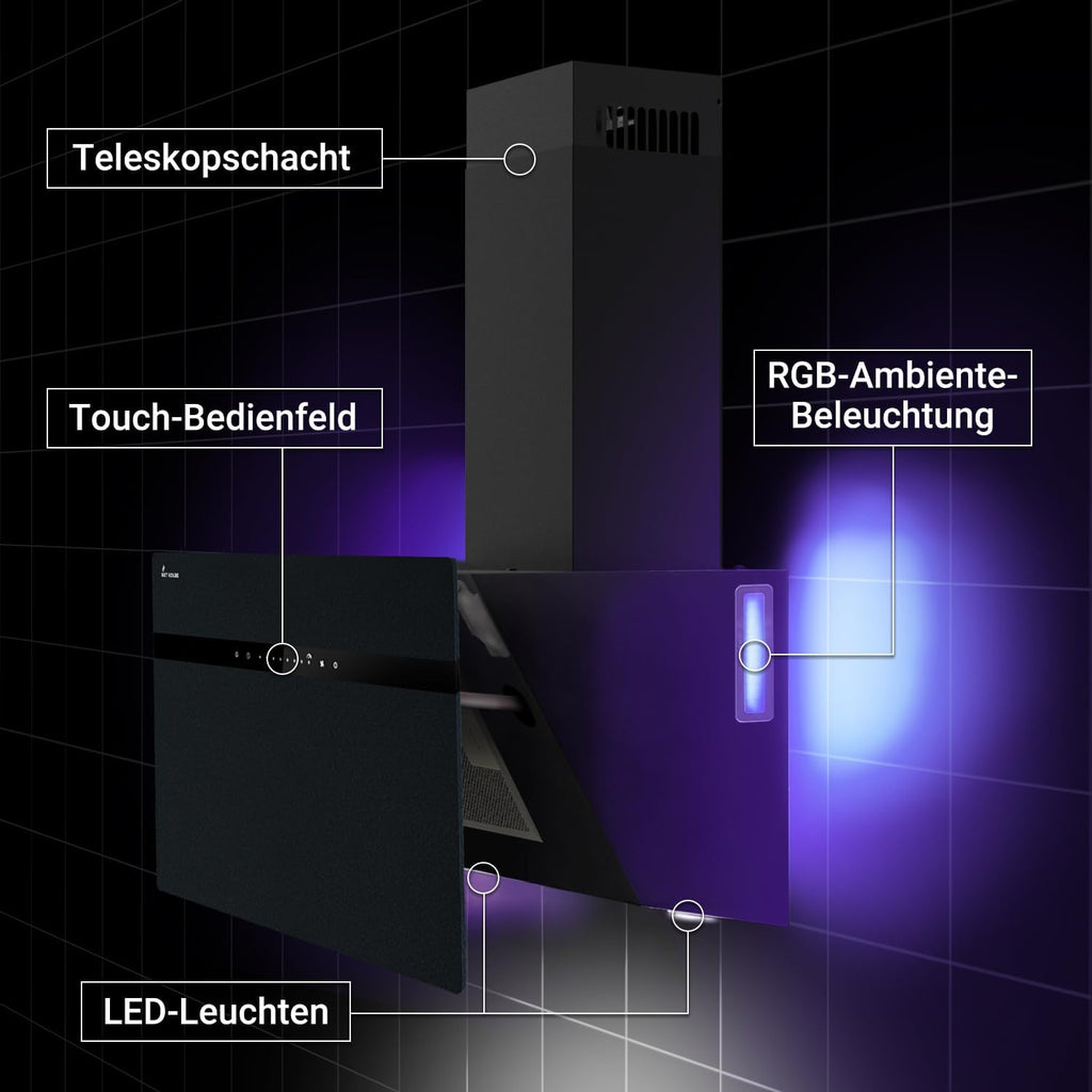 KKT KOLBE A+++ Dunstabzugshaube 80 cm 782 cbm/h Kopffreie Wandhaube Edelstahl schwarzes Glas WLAN RGBW-LED-Beleuchtung SensorTouch Bedienung STYLE8005SMAO