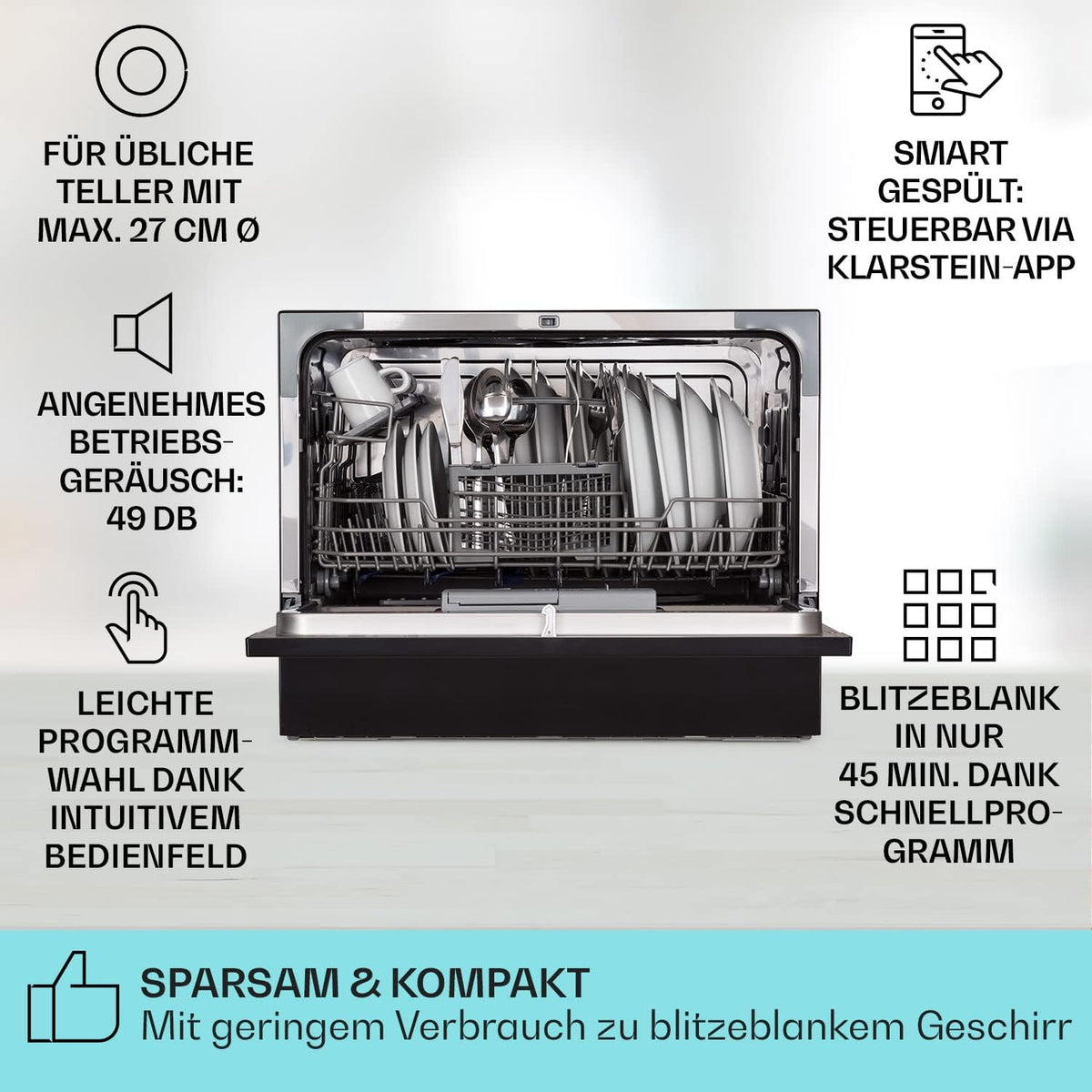 Klarstein ia 8 - Spülmaschine, Geschirrspüler, Freistehend, Teilintegriert, F, 55 cm breit, 8 Maßgedecke, 6 Programme, Aquastop, silber