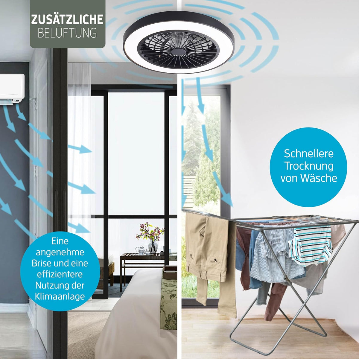 Varin® Smart Deckenventilator mit Beleuchtung, Deckenlampe mit Ventilator Schlafzimmer, Tuya WLAN, LED 30W RGBW, Ø 50 cm, Ventilator Leise, Fernbedienung, 3000K bis 6000K, Schwarz-Schwarz