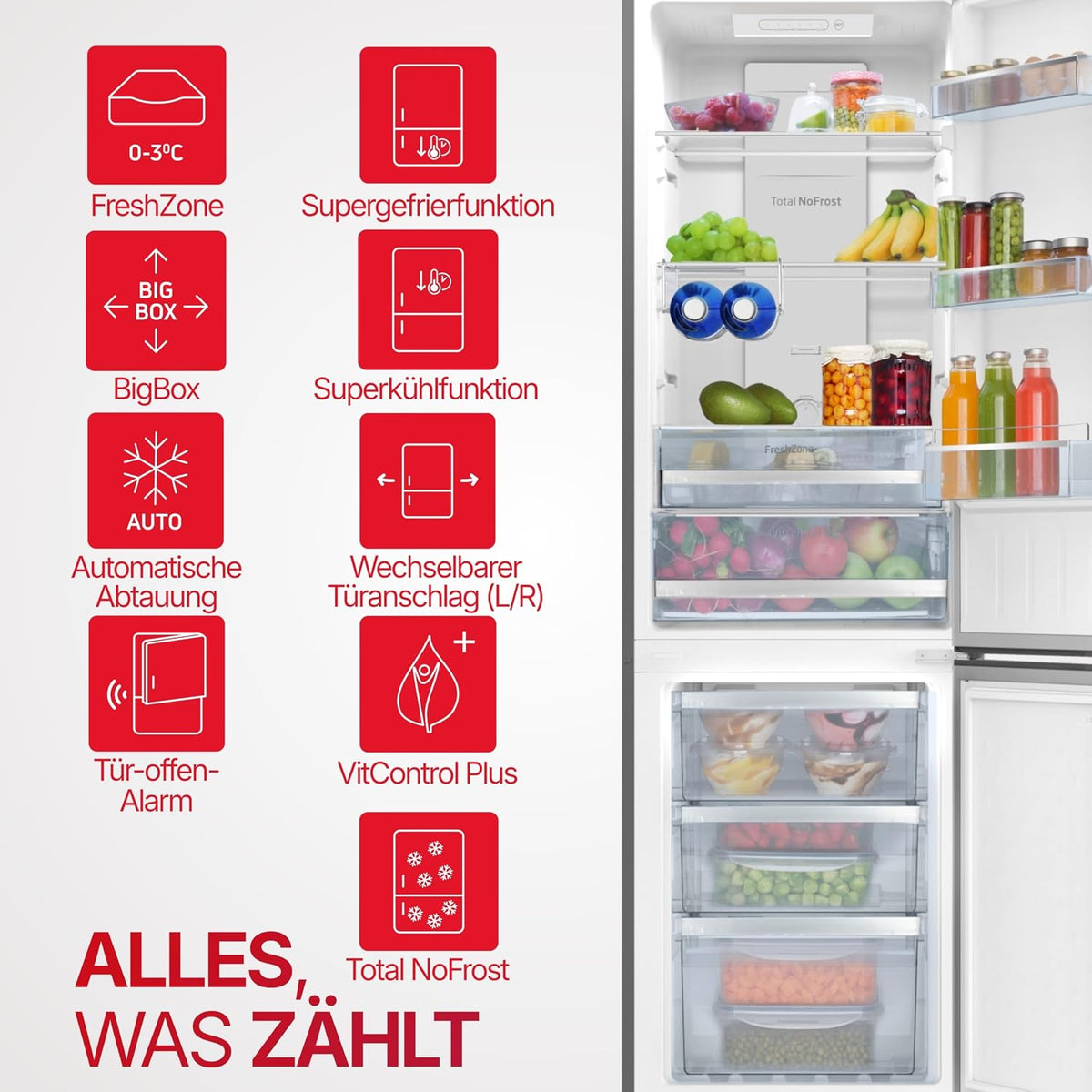 Amica Kühl‑Gefrierkombination freistehend 231 l Total NoFrost FreshZone VitControlPlus Superkühlfunktion 170 x 54 x 57,6 cm – Kuehlschrank Freistehend Edelstahloptik