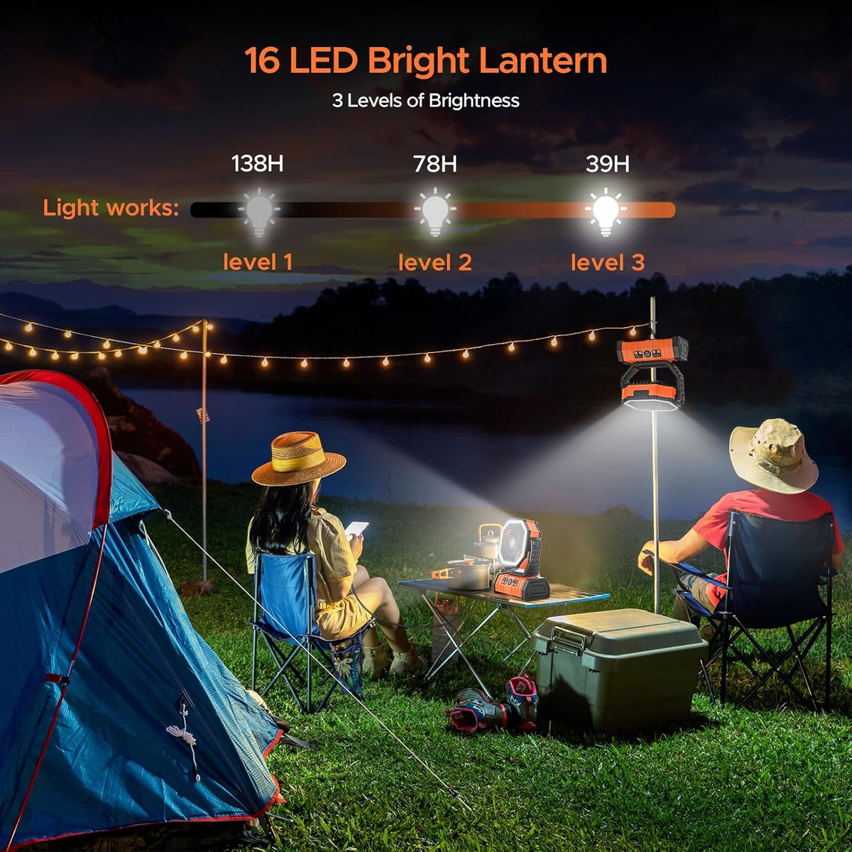 Wiederaufladbarer Camping-Ventilator mit LED-Laterne, 20.000 mAh, automatisch oszillierend, batteriebetrieben, Schreibtischventilator mit Fernbedienung/Haken/Timer, 20.3 cm, Stromausfälle, Hurricane