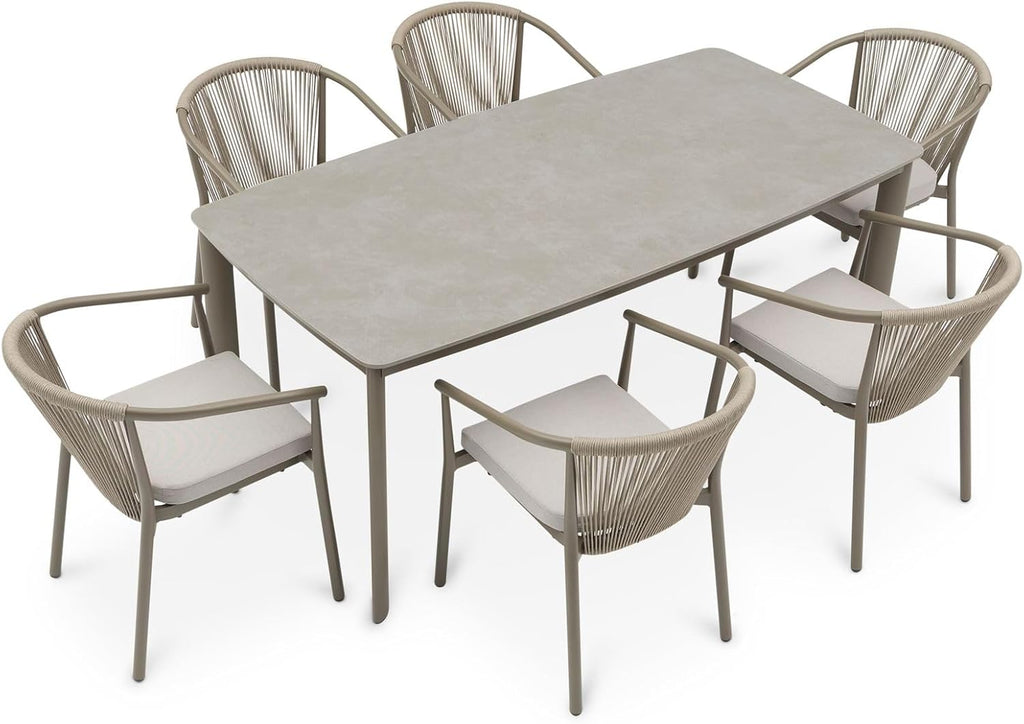 IDIMEX Gartenmöbel Set TAVOLO mit 6 Stühlen und Tisch, Champagner - 180x90 cm Gartentisch mit Keramik- Platte, Outdoor Essgruppe, Stühle mit Rope Bespannung, wetterfest für Garten Terrasse & Balkon