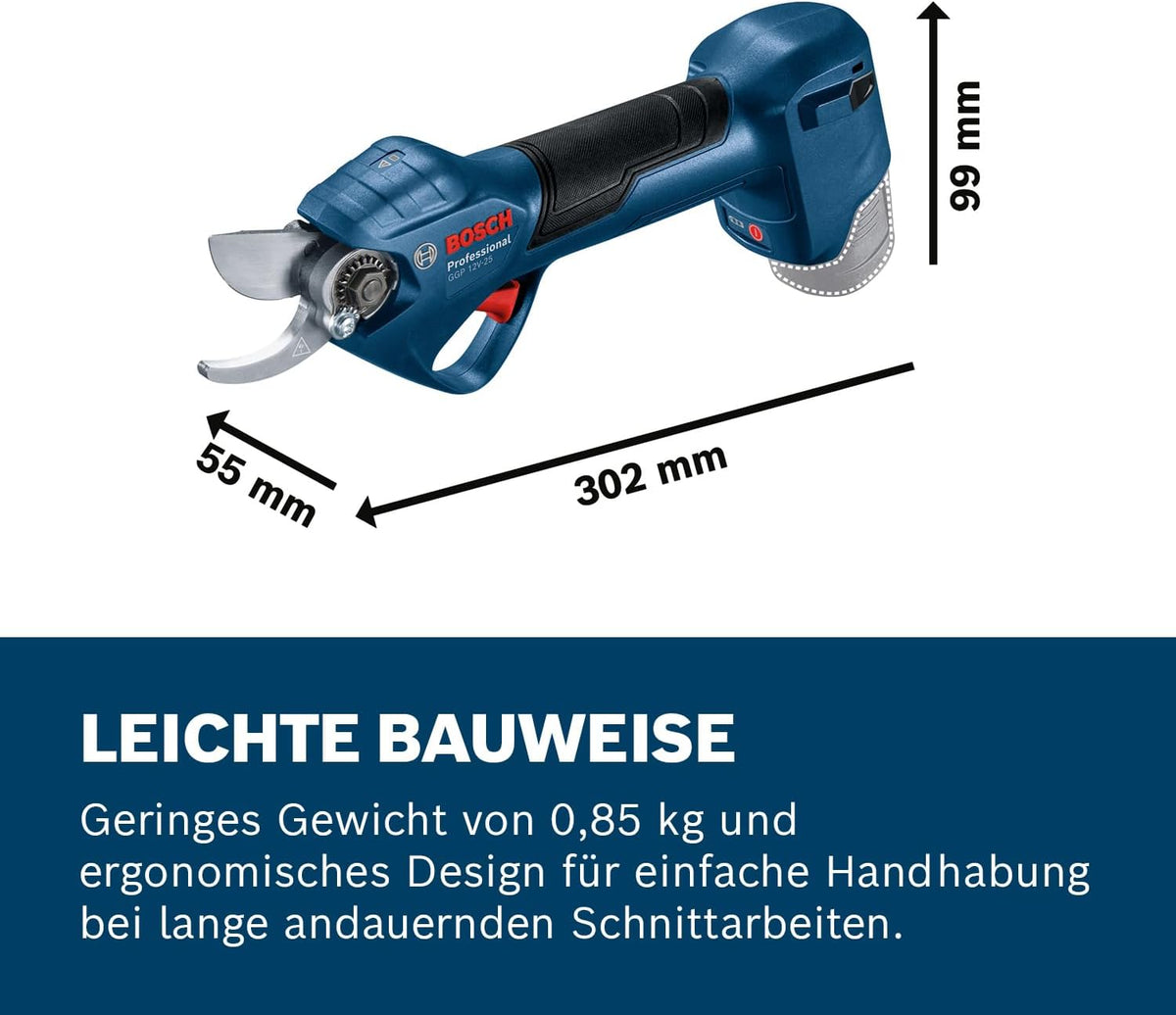 Bosch Professional 12V System Astschere GGP 12V-25 (bis zu 4.500 Schnitte pro Akkuladung, bürstenloser Motor, 25-mm-Schnitte, mit 2x 3,0-Ah-Akku)