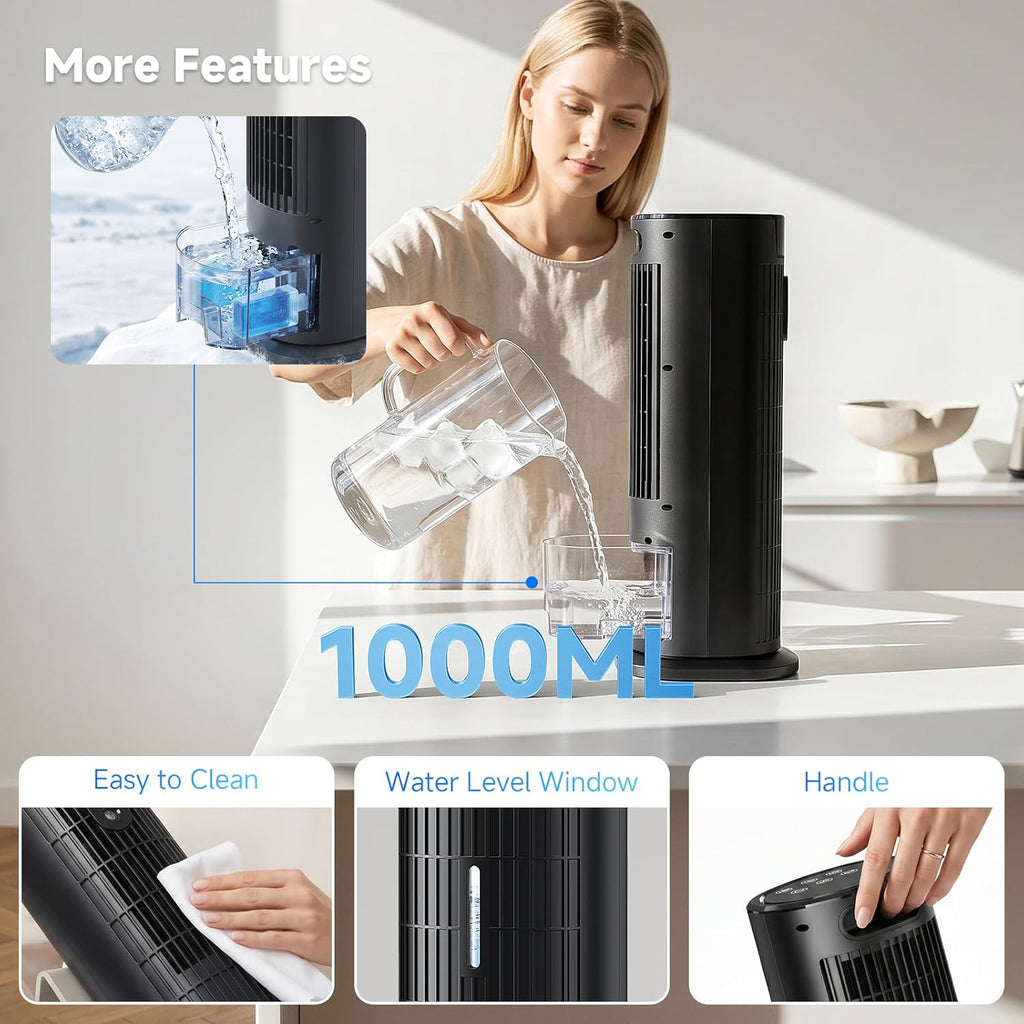 Mobile Klimaanlage, leise tragbare Klimaanlage, Luftkühler mit Ventilatorstufen, Timer, großvolumiger Wassertank, Klimaanlage für Schlafzimmer, Büro（Schwarz）