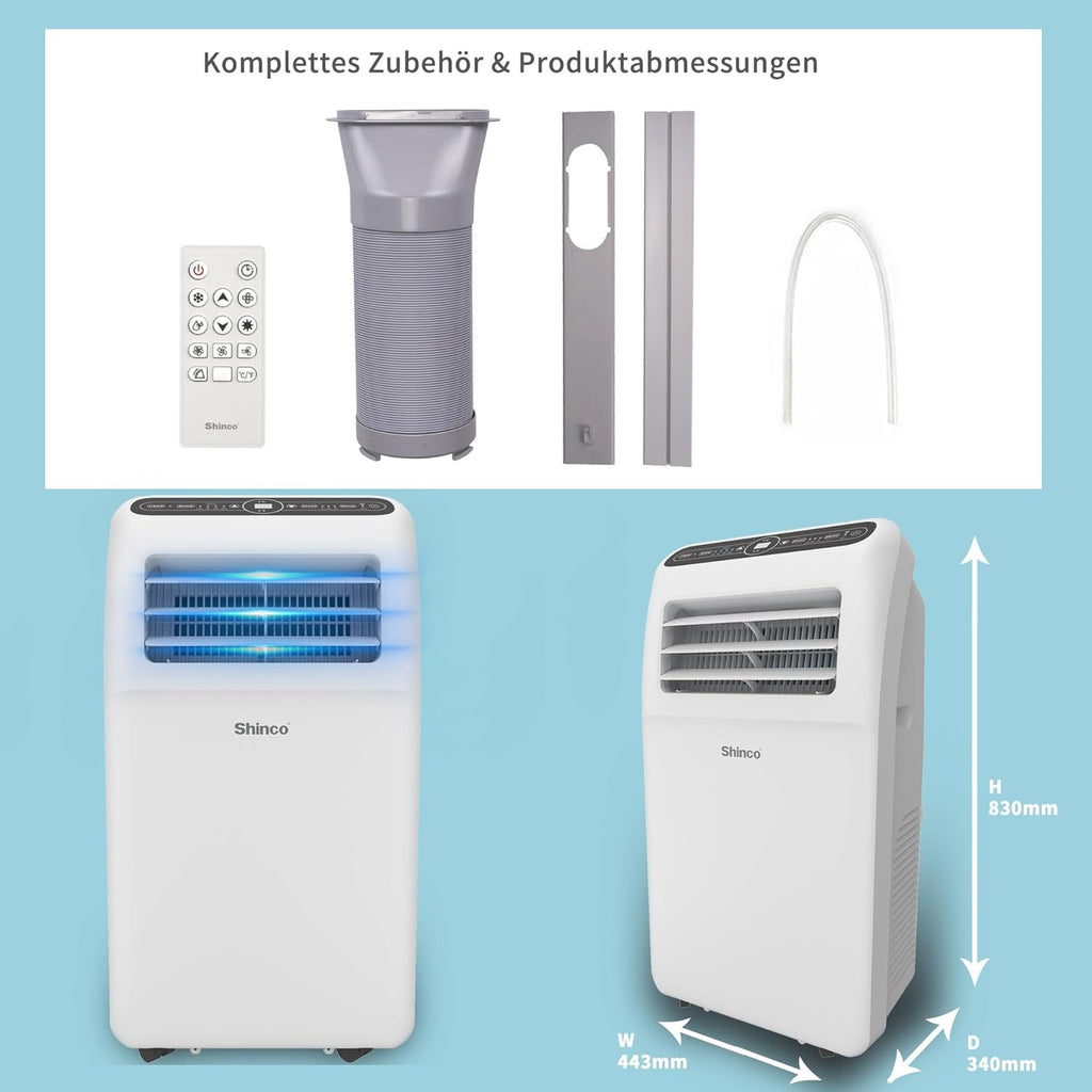 SHINCO Mobile Klimaanlage mit Abluftschlauch, 12000BTU, Kühlung&Heizung&Ventilieren&Entfeuchten, Mobiles Klimagerät mit Fenstermontage-Kit, 24H-Timer, APP, für Räume von etwa 90m³, Weiß