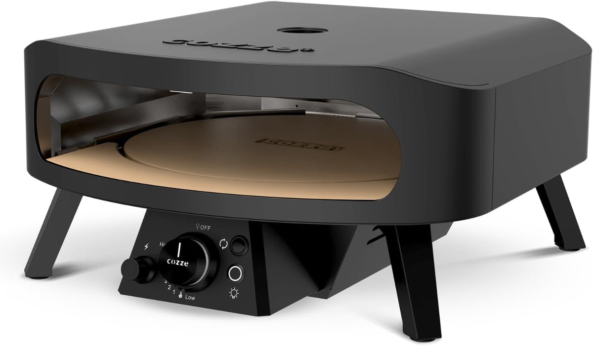Cozze® 17" Pizzaofen Gas Schwarze Edition mit rotierender Pizzastein Ø43 cm - 600°C, Pizza in 2 Minuten