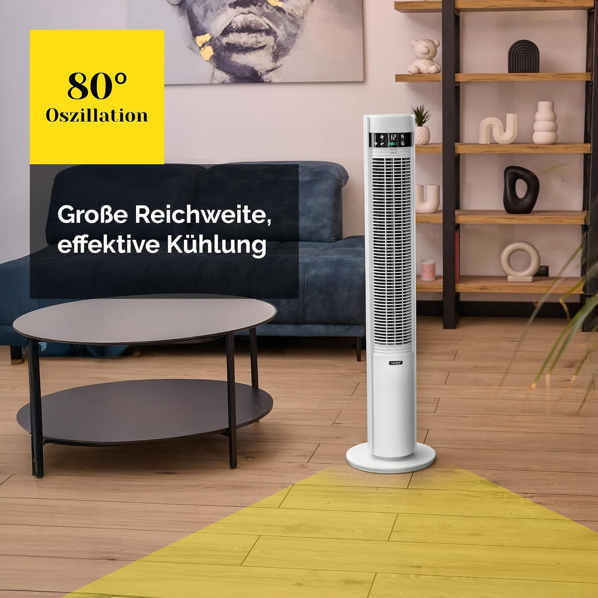 YOER 19dB sehr Leiser Turmventilator, 12 m Wurfweite, WLAN & App, 12 Geschwindigstufen 3 Modi 12h Timer 80° Oszillation, Ventilator mit Plasma-Ionisator für Schlafzimmer, CoolWhisper TF07W, weiß