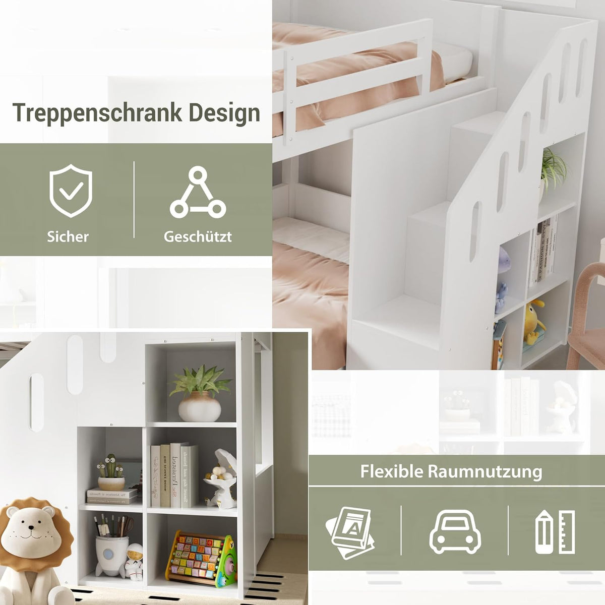 Hochbett Etagenbett 2 Kinder 90x200 cm mit Treppe, Kinderbett Mit & Schließfächern & Rausfallschutz, Kinderzimmer kinderhochbett, Stockbett für Mädchen Junge, Weiß
