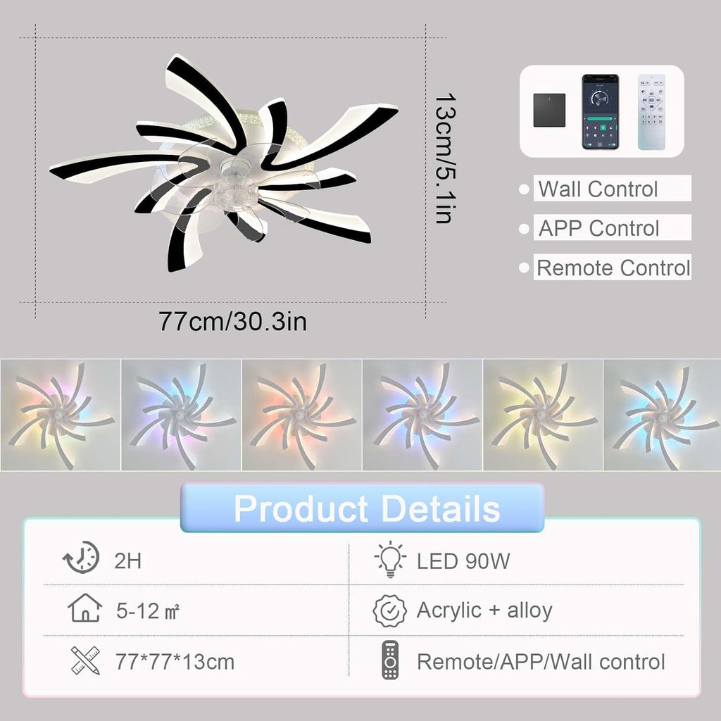 RGB Deckenventilator Mit Beleuchtung Und Fernbedienung Leise, Moderne Blume Ventilator Lampe LED Dimmbar, 6 Gang DC Motor Reversibler Deckenlampe Mit Ventilator Für Schlafzimmer Wohnzimmer-Black
