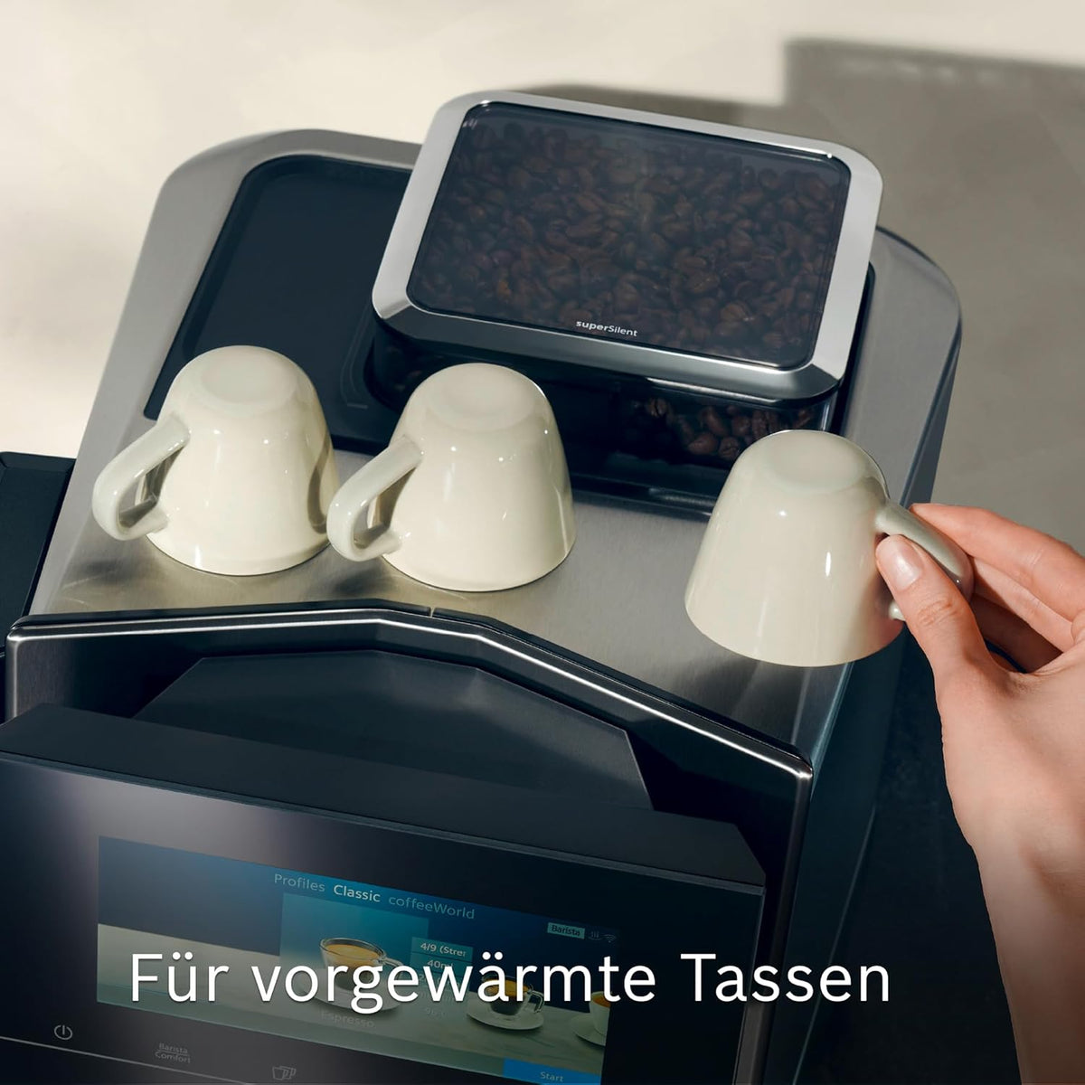 Siemens Kaffeevollautomat EQ900 plus TQ905DZ3, 36 internationale Kaffeespezialitäten, individueller Mahlgrad, App-Steuerung, großes Full-Touch-Display, Edelstahl