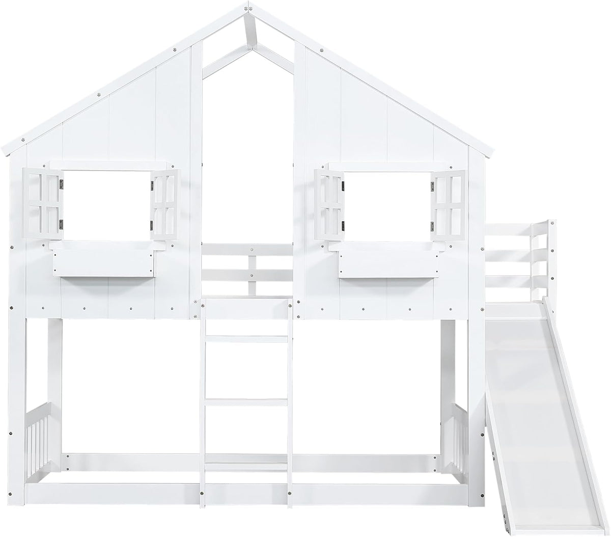 Etagenbett Kinderbett 90x200, Hochbett Hausbett für 2 Kinder, Stockbett mit Rutsche&Leiter&Fenstern&Dach&Aufbewahrungsbox, Doppelbett Holzbett mit Lattenrost&Rausfallschutz, Kiefer, Ohne Matratze,Weiß