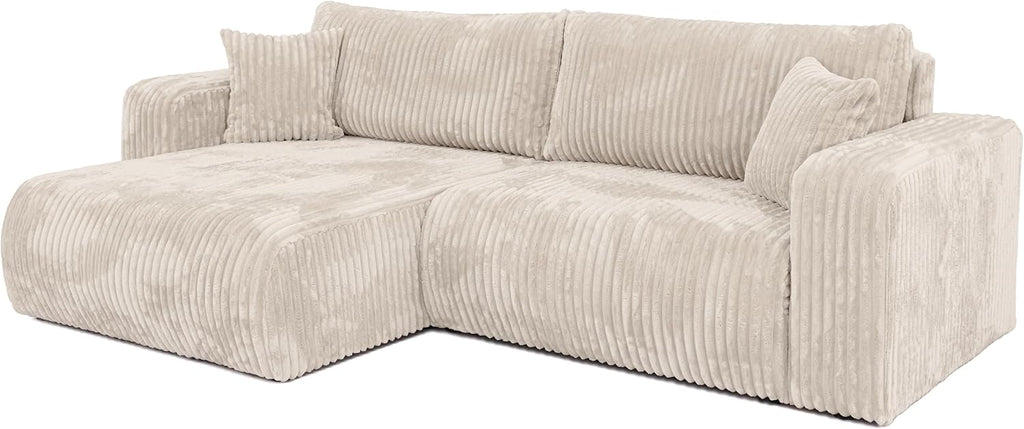 BROMARKT Ecksofa mit Schlaffunktion Creme Couch L-Form Cordstoff Sofa mit Bettkasten Wohnzimmer Schlafcouch Schlafsofa mit Stauraum Eckcouch 3 Sitzer Wohnlandschaft 244x148x82 cm TILIO