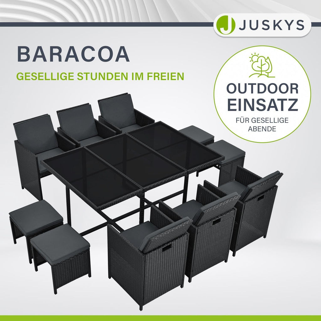 Juskys Polyrattan Sitzgruppe Baracoa XL 11-teilig wetterfest & stapelbar - 6 Stühle, 4 Hocker, Tisch mit Glasplatte & Kissen - 10 Personen - Gartenmöbel Set für Garten & Terrasse
