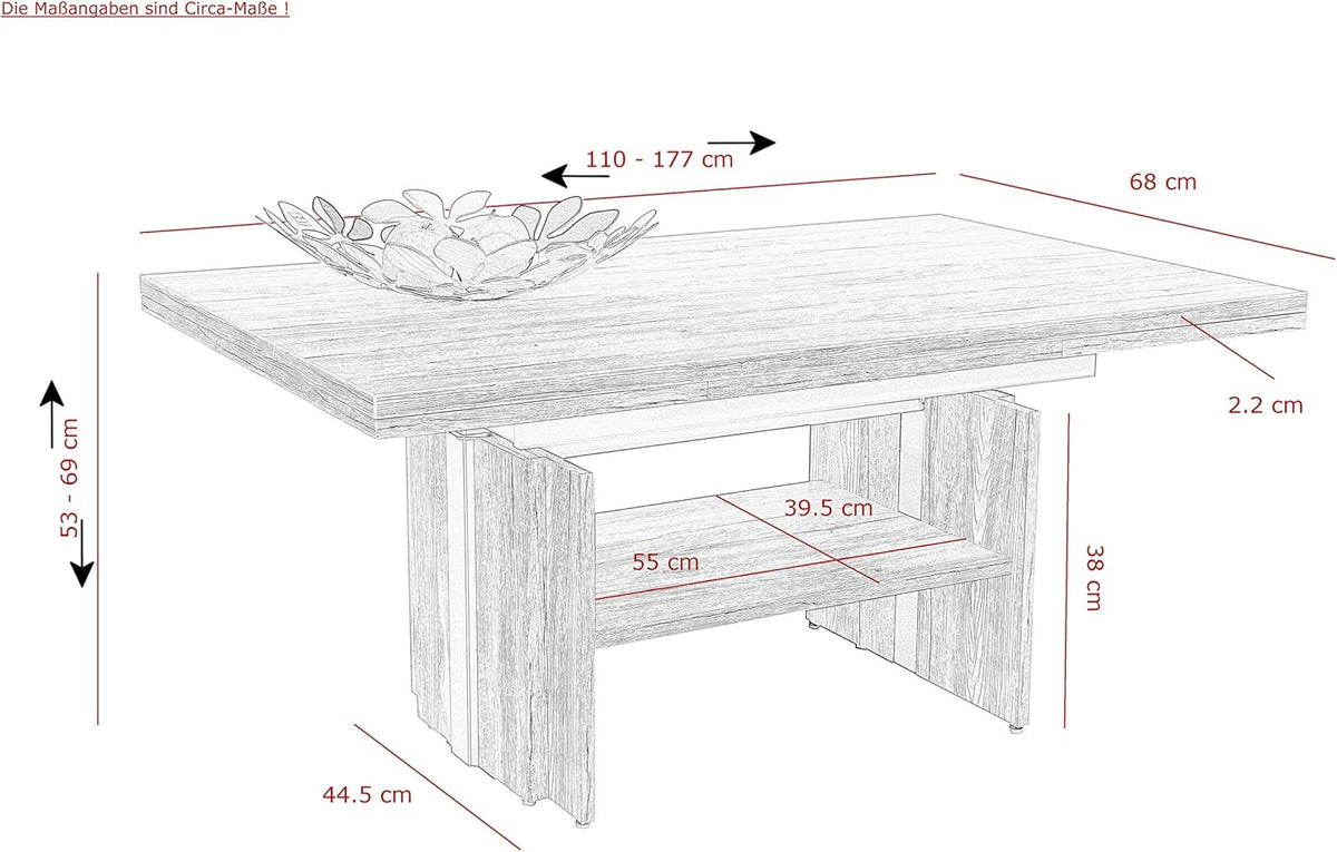 Hela Tische, Couchtisch Wohnzimmertisch Jerome, Holzwerkstoff melaminbeschichtet, Wildeiche, ausziehbar 110-177cm, höhenverstellbar mit Lift 53-69cm