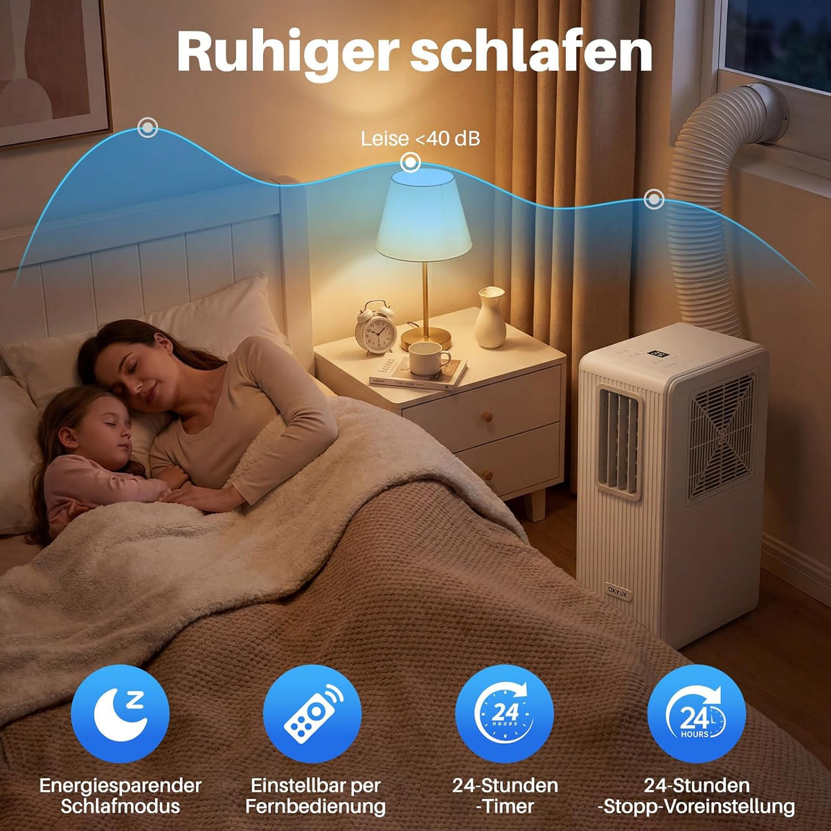 OKYUK Mobiles Klimagerät, 200W Energiesparend, R290 Umweltfreundliches Kältemittel, 3‑in‑1 Klimaanlage, Luftentfeuchter, Ventilator Ventilieren Leise