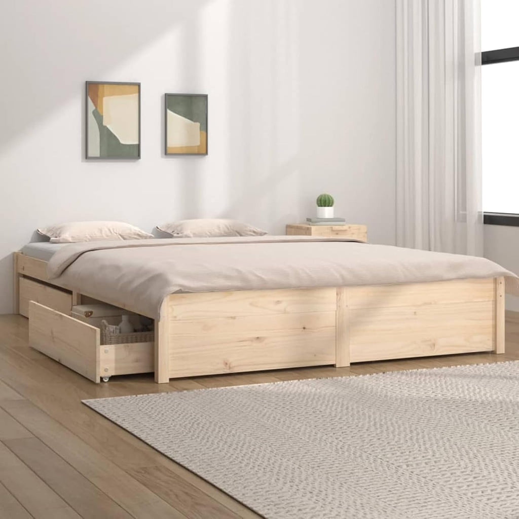 Bett 200x200 mit Stauraum Holz Bett mit Schubladen Stauraumbett mit Lattenrost Doppelbett Bettkasten Jugendbett Holzbett Bettrahmen Schlafzimmer-Natur-200 x 200 cm