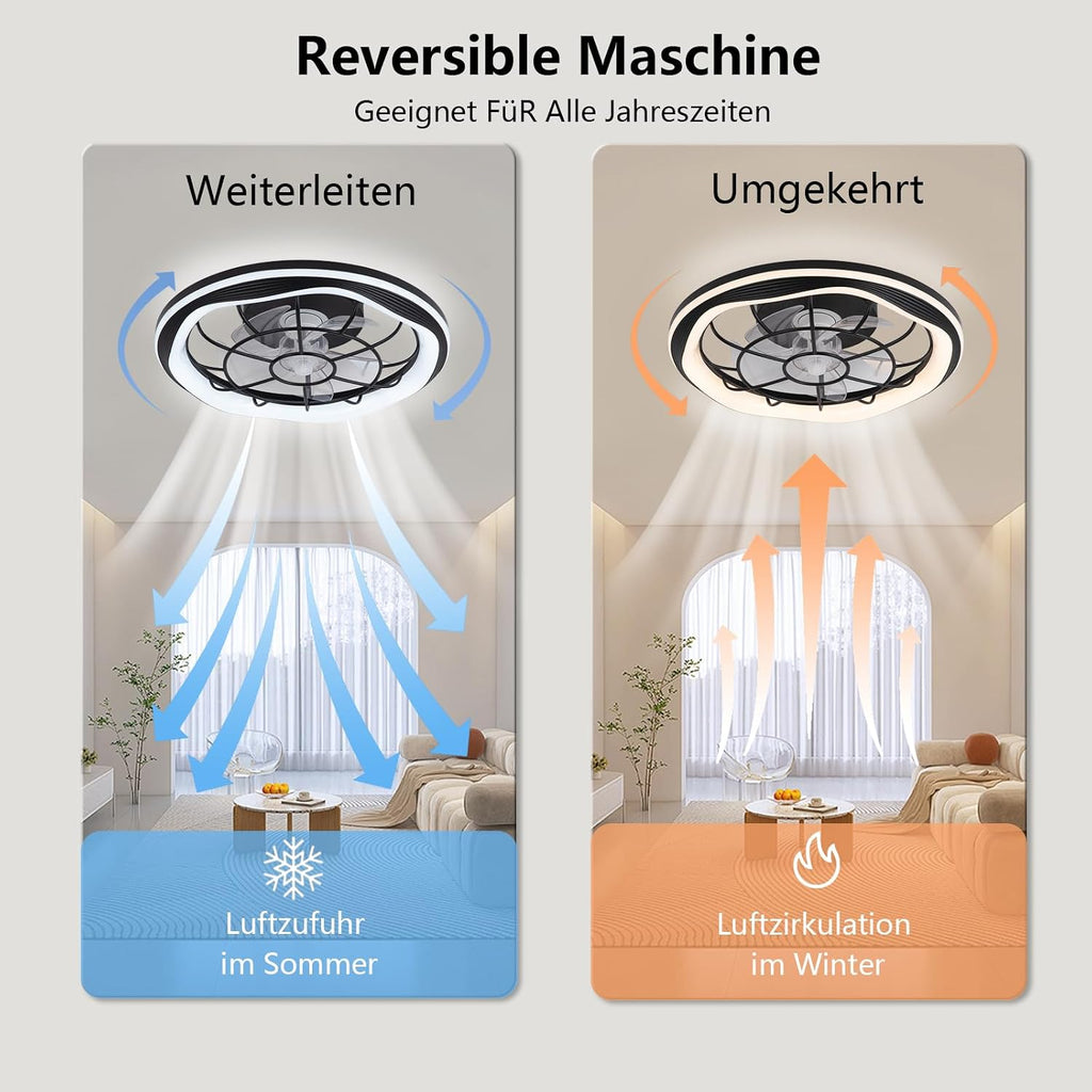 Leiser Deckenventilator mit Beleuchtung Schwarz, 50cm Deckenleuchte mit Ventilator, LED Deckenlampe mit Ventilator, Fernbedienung/APP, 6 Windstufen, 3 Farbtemperaturen, für Schlafzimmer Wohnzimmer