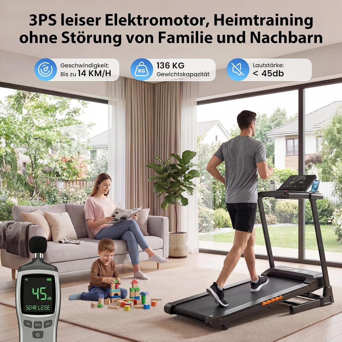 Laufband Klappbar für Zuhause mit 15%-18% Automatische Steigung, 3-4,5 PS Motor, Leise & Kompakt, 13-18" Zoll Breit LED Anzeige & 12 Programme, 14-16 km/h Elektrisches Fitness Laufband