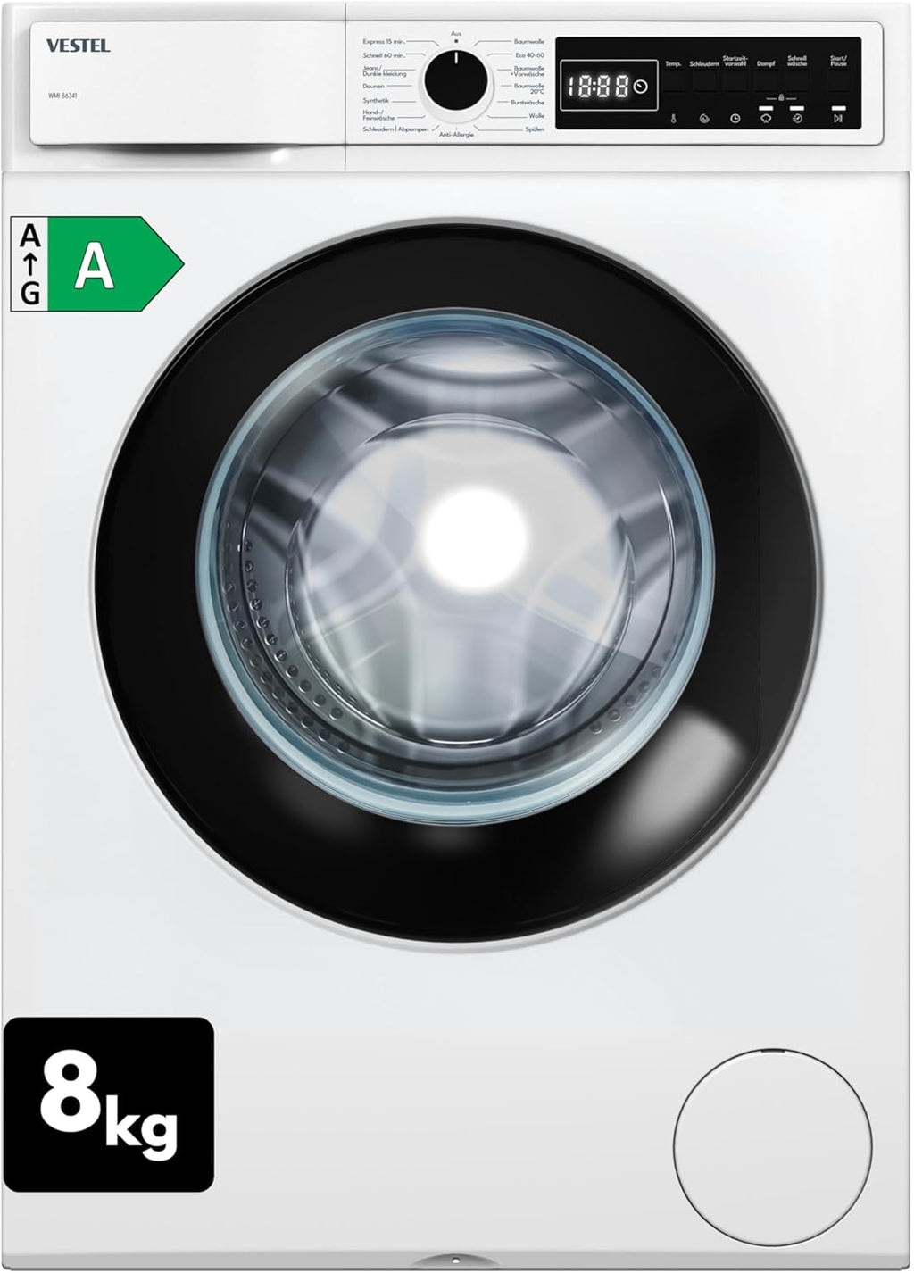 VESTEL WMI 86341 Waschmaschine 8 kg Frontlader – 1400 U/min, Energieeffizienzklasse A, Inverter-Motor, Dampffunktion, AquaStop, leise, freistehend, weiß
