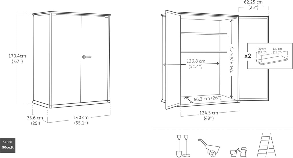 Keter High Store Plus Aufbewahrungsbox, 1400l Fassungsvermögen, Außenmaße B/T/H 140x73,6x170,4cm, Duotech Material, anstreichbar, wasserdicht, wetterfest und pflegeleicht
