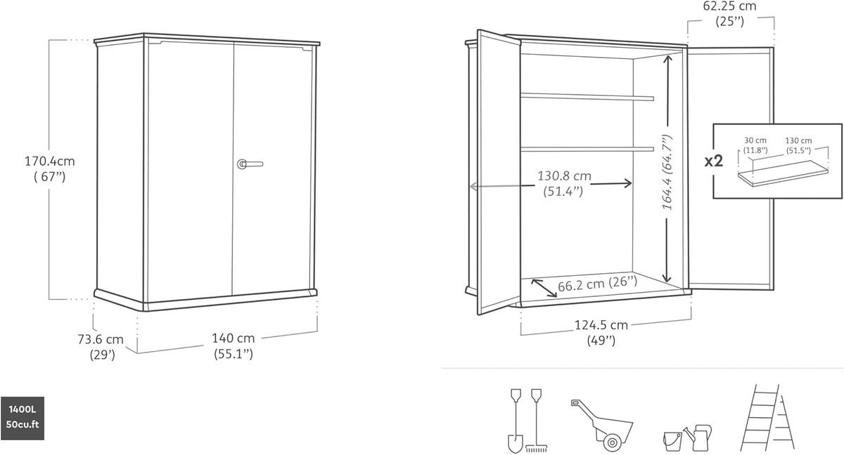 Keter High Store Plus Aufbewahrungsbox, 1400l Fassungsvermögen, Außenmaße B/T/H 140x73,6x170,4cm, Duotech Material, anstreichbar, wasserdicht, wetterfest und pflegeleicht