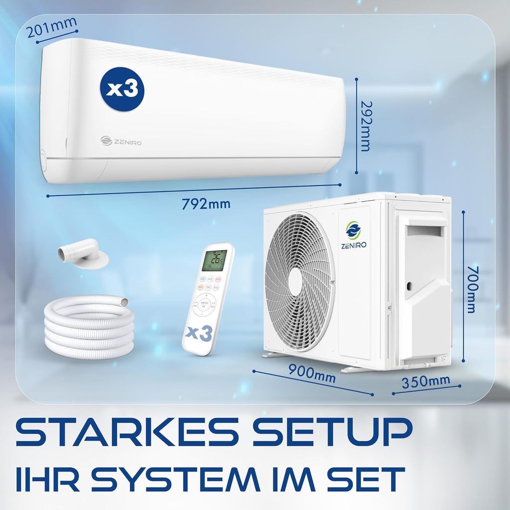 Multisplit Klimaanlage 3 Innengeräte Set (3 x 2,6kW) Klimagerät Air Conditioner mit Heizfunktion 21000 BTU 6,2kW A++ WiFi/App-Steuerung 4D AirFlow Heizen bis -20°C Vorgefüllt R32