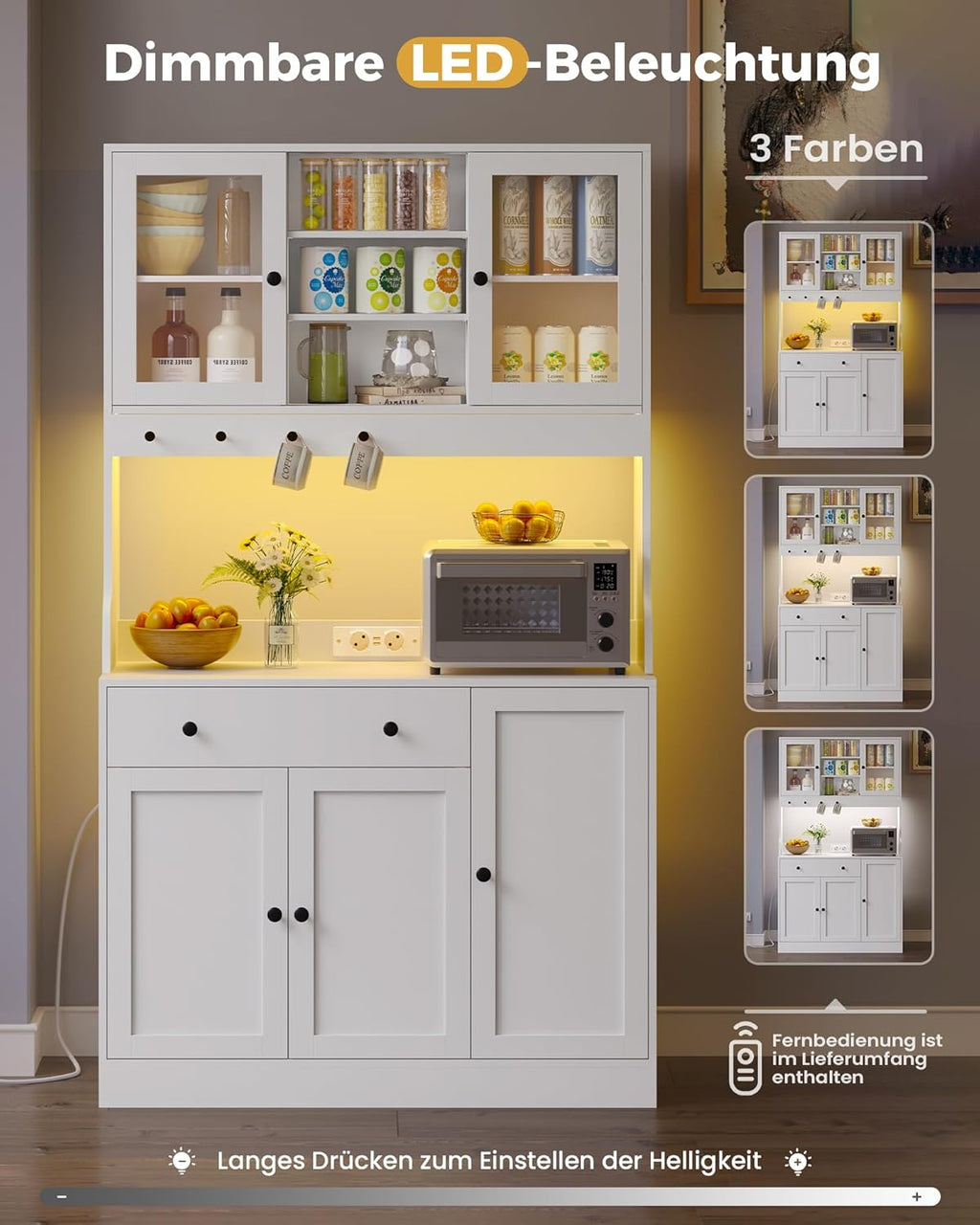 Küchenschrank mit Arbeitsplatte, Sideboard mit LED, Steckdose, Buffetschrank mit Schubladen, Verstellbaren Ablagen, Großer Stauraum, Küche, Wohnzimmer, Esszimmer, 103.5 * 40 * 180 cm, Weiß