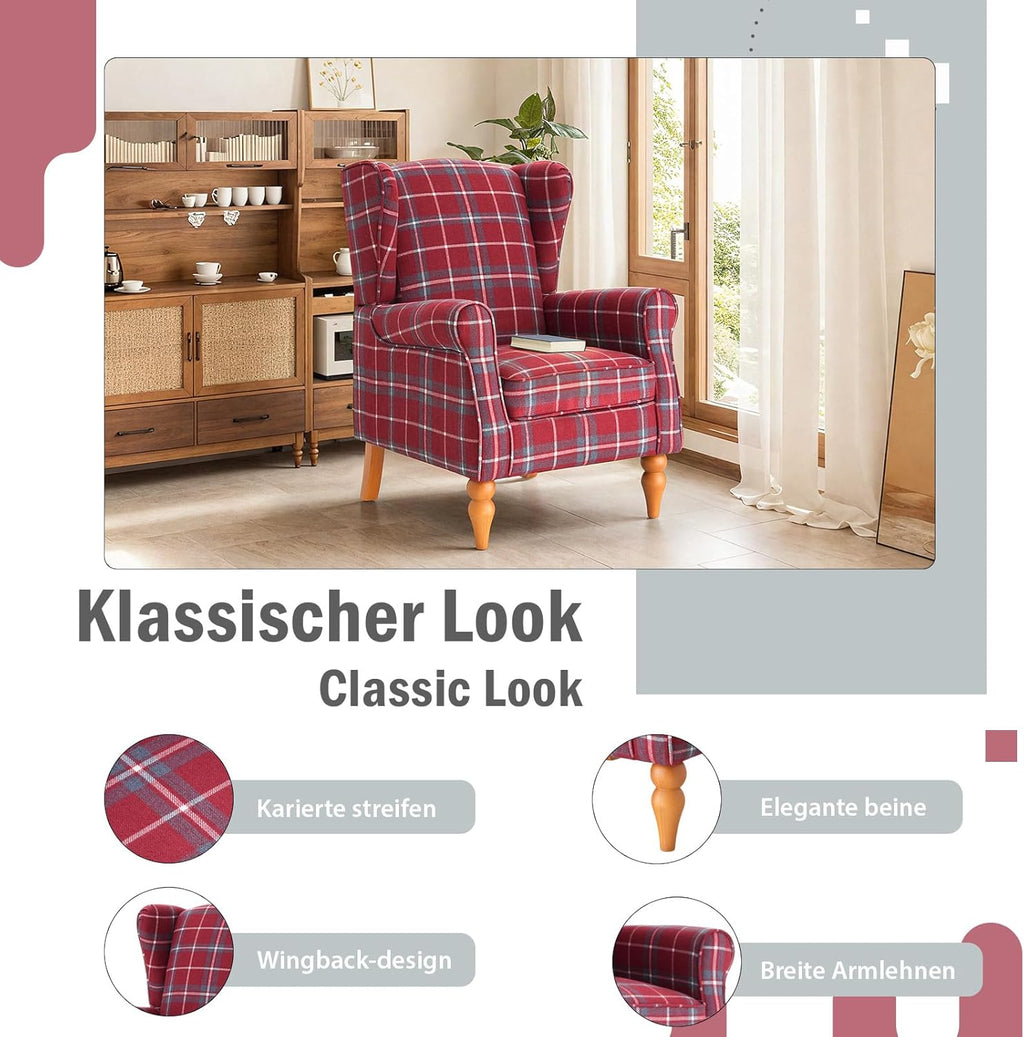 Ohrensessel, Vintage Sessel mit Holzfüße, gepolsterte Relaxsessel, Einzelsessel für Wohnzimmer, Schlafzimmer, Leinen (Rot)