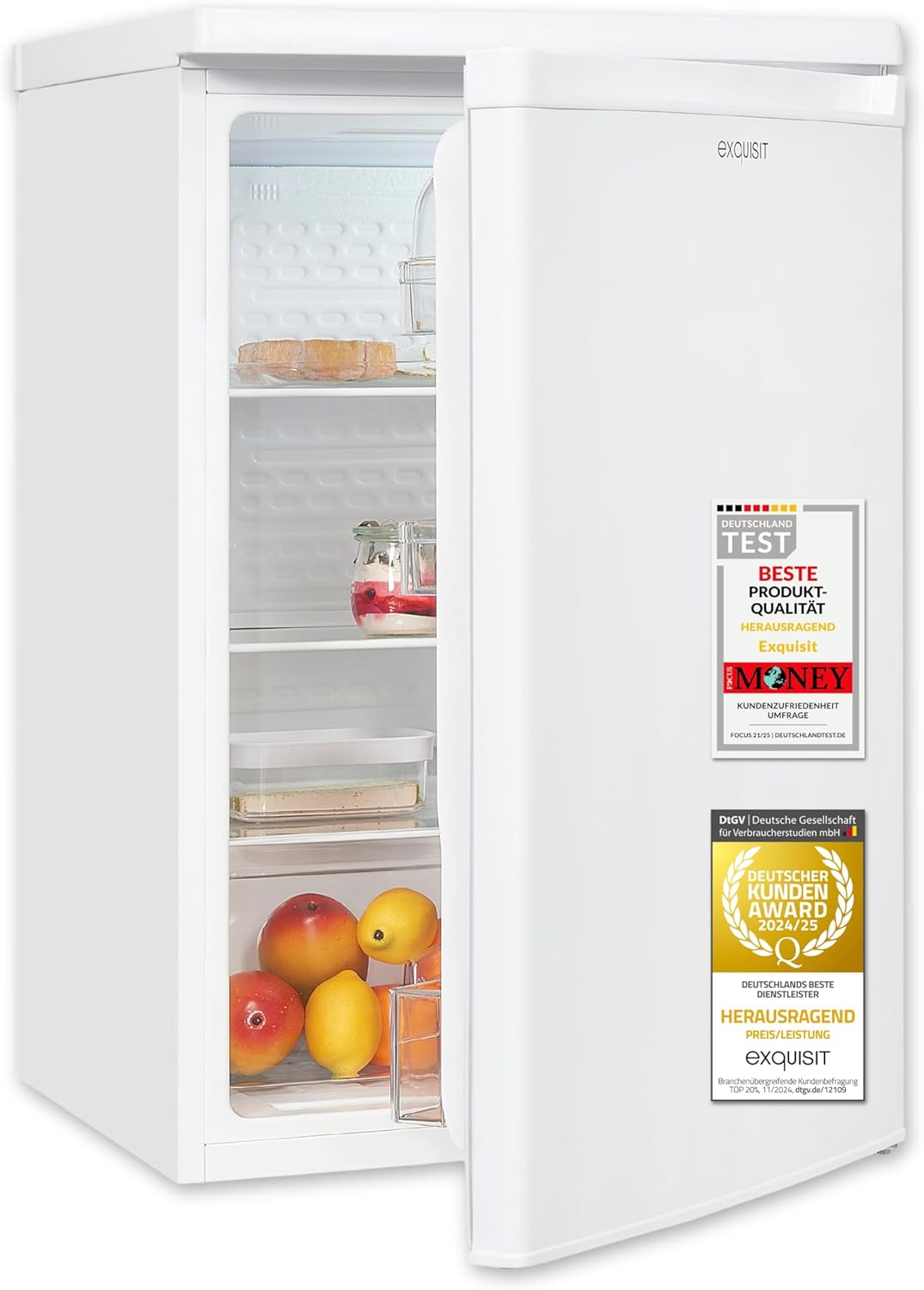 Exquisit Kühlschrank ohne Gefrierfach, 126 Liter, 55 cm Breit, Freistehend, Kompakt, Temperaturregelung, LED-Licht, KS516-V-040D weiss