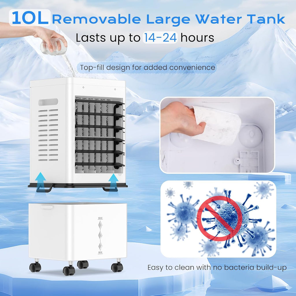 Klimaanlage Mobil 45W, Tragbarer Luftkühler3-seitiger Lufteinlass, 6 Modi, Verdunstungskühler mit 12L Abnehmbarem Tank, 24h Timer, 60/120° Oszillation, Leise, Fernbedienbar, für Zuhause & Schlafzimmer