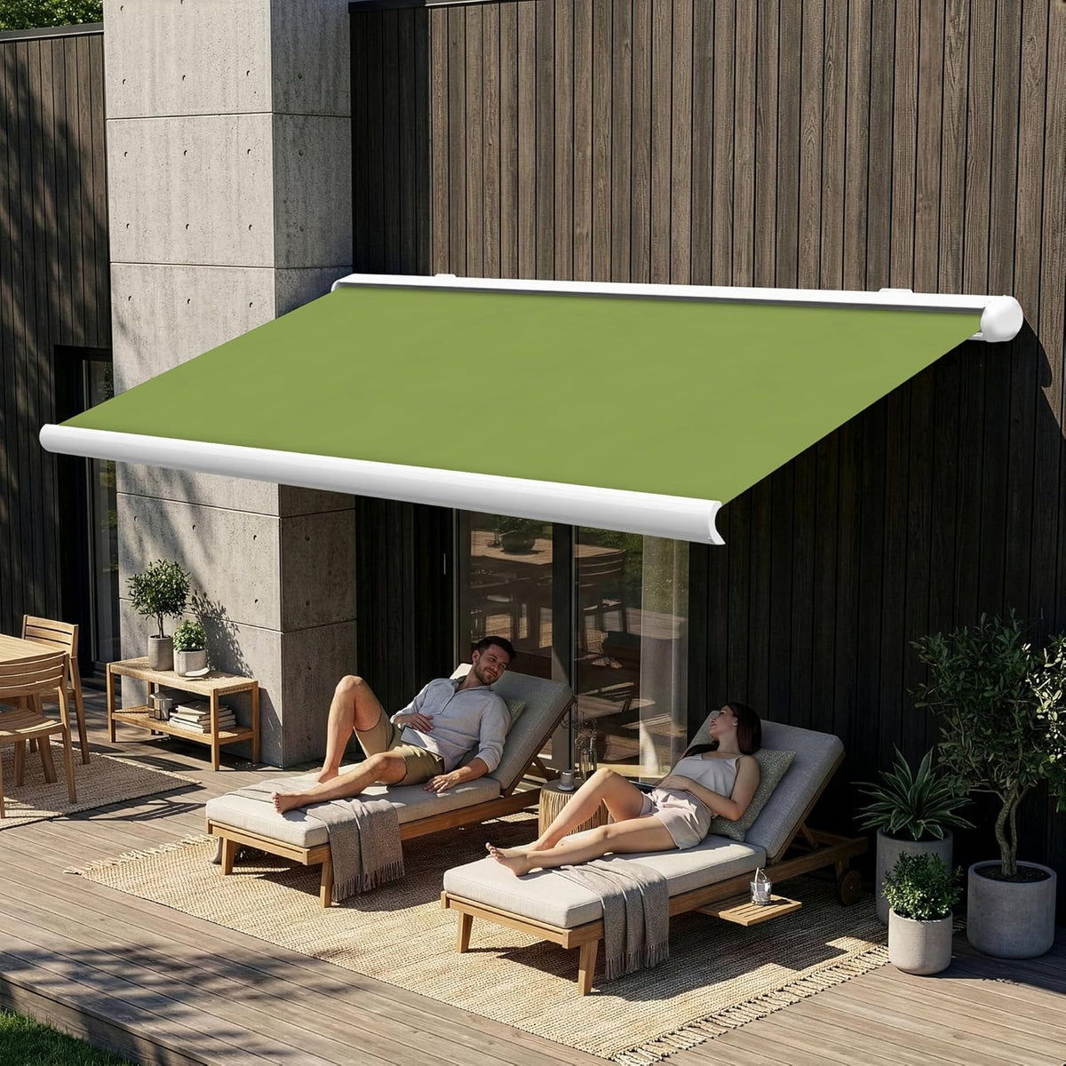 Eclipse Vollkassettenmarkise Premium elektrisch 4,5x3m Markise Balkon Terrassenüberdachung Kassettenmarkise Gelenkarm Polyacryltuch UV-Schutz 50+ Smarthome-fähiger Dooya Motor, Markisentuch: Apfel