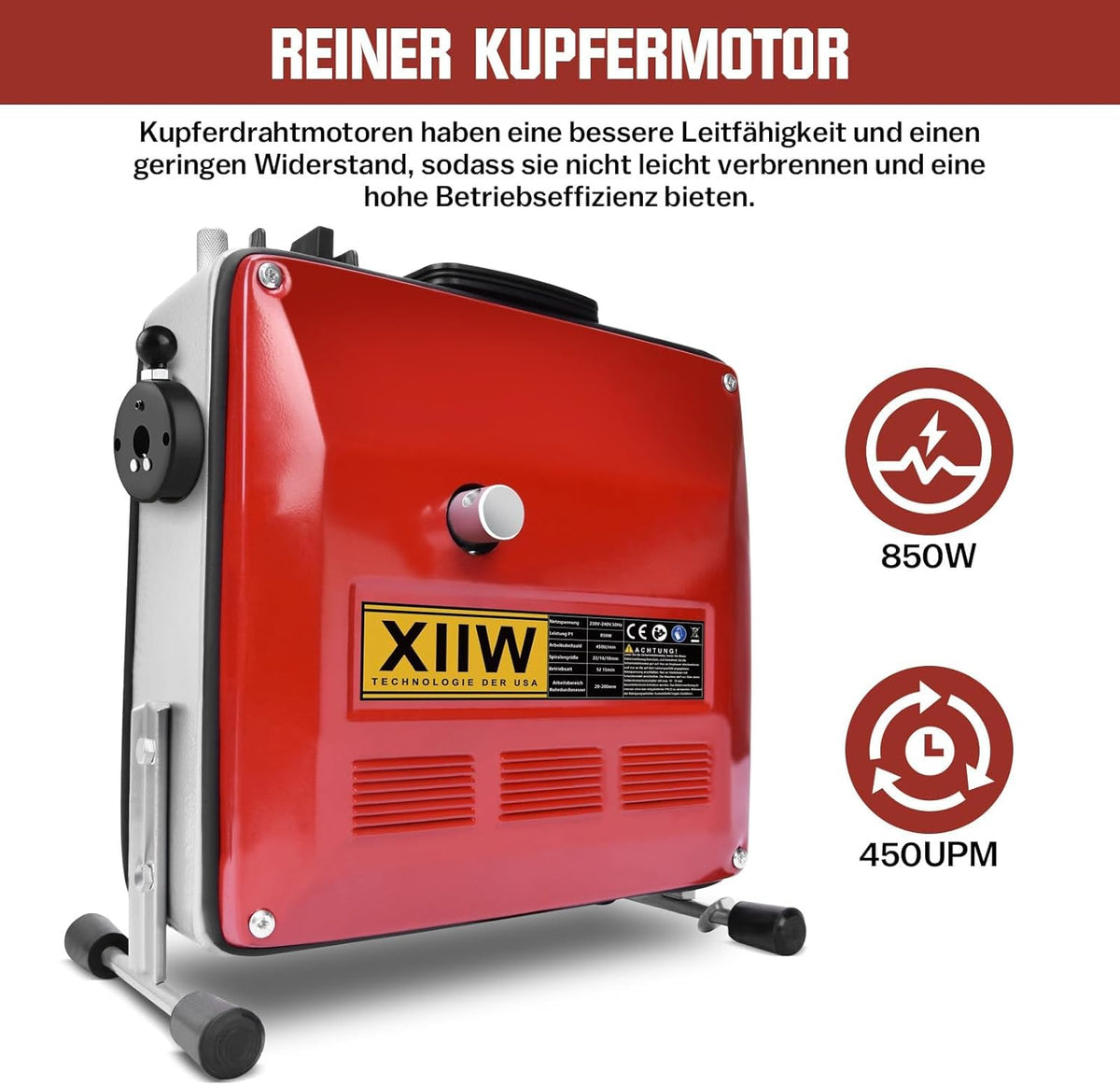 850W Elektrische Rohrreinigungsmaschine Satz zum Ø20-200mm Rohrleitungen [Spirale 33m x Ø16 mm + 14m x Ø22mm, 5m x Ø10mm], Rohrreinigungsgerät Set Rohrreiniger Reinigung Abflussreiniger, 450U/M