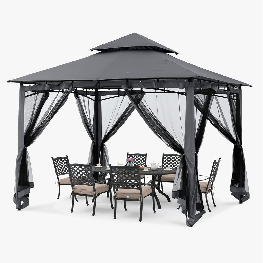 ABCCANOPY Pavillon 2.5x2.5m Wasserdicht Stabil Winterfest Gartenpavillon，Doppeldachweichdach Hinterhof-Partyzelt mit Netz für Schatten und Regen,Grau