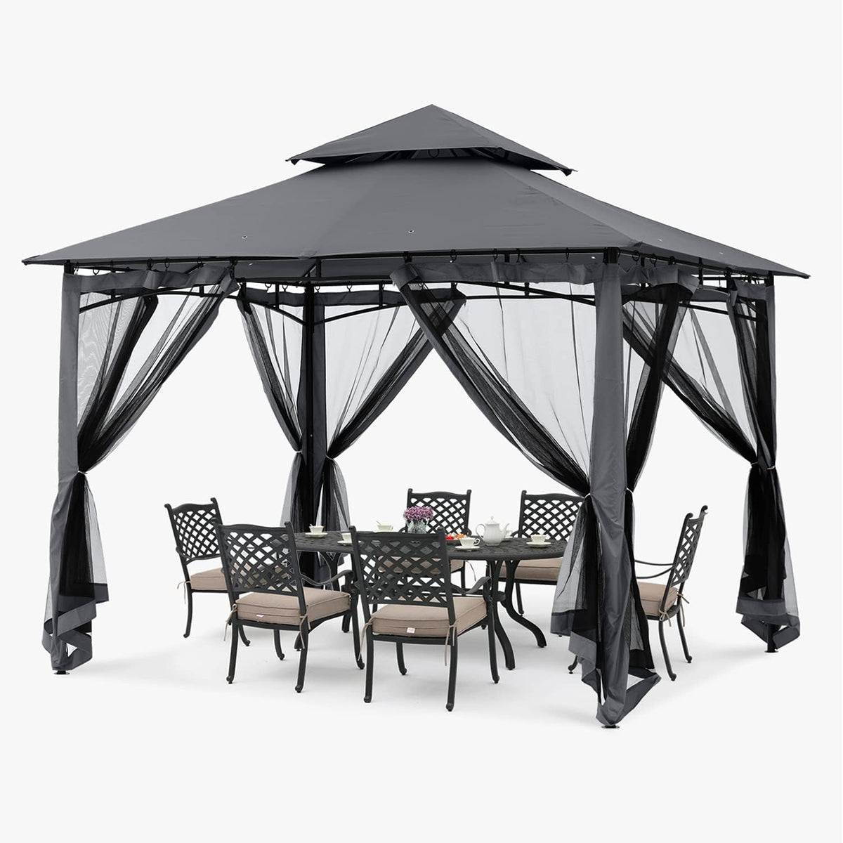 ABCCANOPY Pavillon 2.5x2.5m Wasserdicht Stabil Winterfest Gartenpavillon，Doppeldachweichdach Hinterhof-Partyzelt mit Netz für Schatten und Regen,Grau