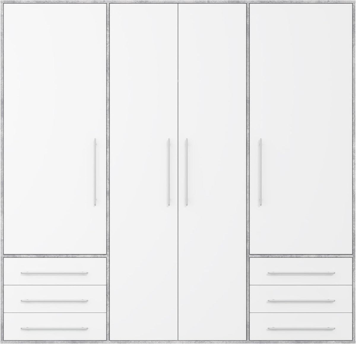 Forte Jupiter Kleiderschrank 205, Großer Schrank mit 4 Türen und 6 Schubladen, Holzwerkstoff, Weiß/Betonoptik Lichtgrau, 205,9 cm breit, 200 cm hoch, 53 cm tief
