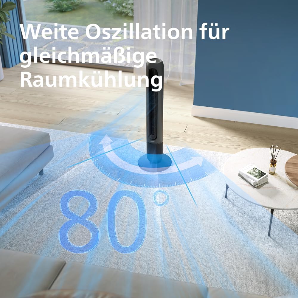 Philips Turmventilator 5000 Series. Leistungsstarke 8,0 m/s, ultra-leise 24 dB, niedriger Energieverbrauch, Fernbedienung, 5 Geschwindigkeitsstufen, Schlafmodus, 9-h-Timer, 80° Oszillation (CX5540/01)
