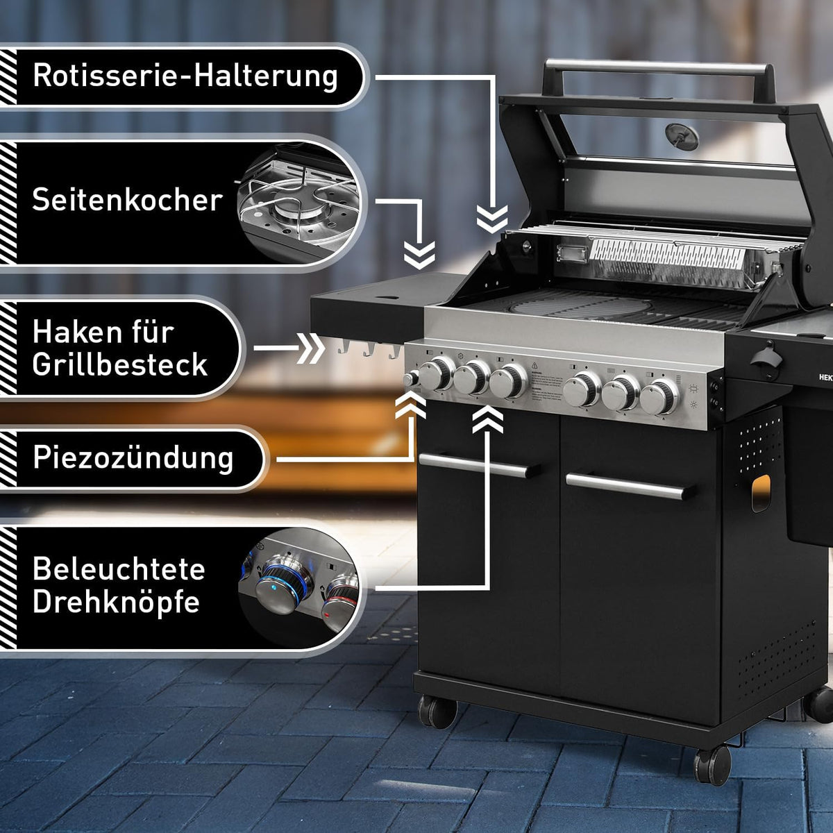Gasgrill Hektor 4B-S inkl. Drehspieß und Abdeckhaube mit 4 Brennern, Sear-Brenner, Gusseisen-Grillrost, Heckbrenner, Seitenkocher, Sichtfenster und Thermometer für Garten und Terrasse