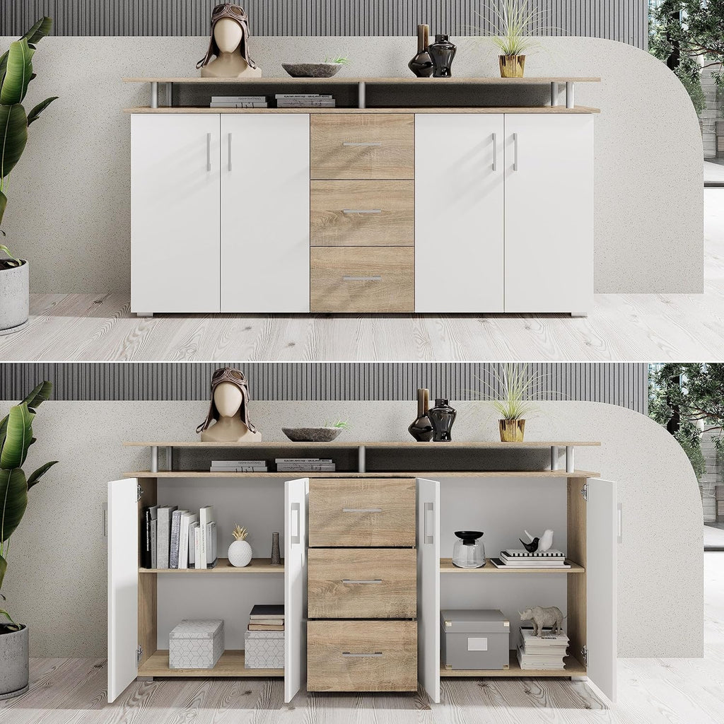 Stella Trading Highboard mit Ablage in Eiche Sonoma Optik, Weiß - Moderner Wohnzimmerschrank mit Schubladen und viel Stauraum für Ihren Wohnbereich - 178 x 90 x 38 cm (B/H/T)