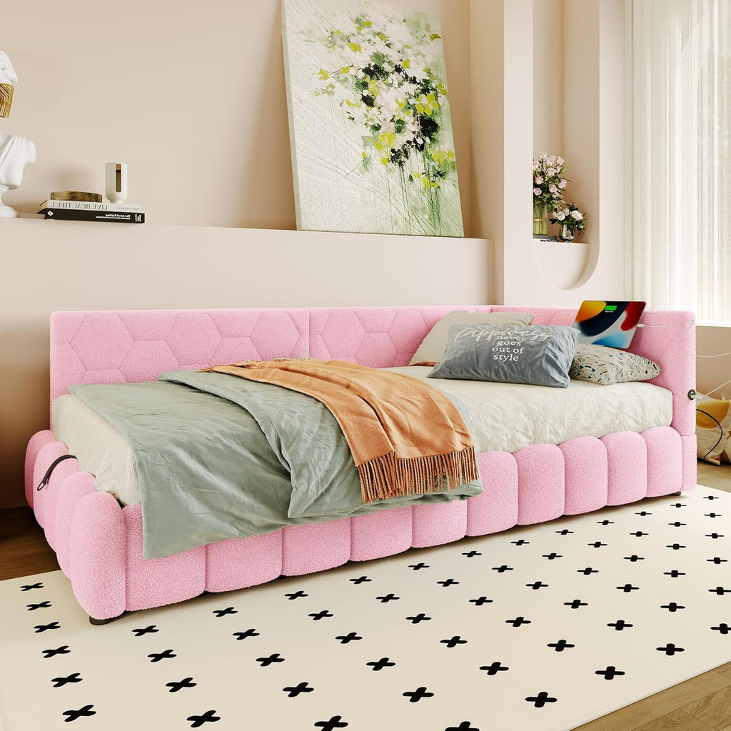 Schlafsofa Polsterbett 90x200 cm, Tagesbett mit USB-Anschluss und -Typ-C, Daybett mit 16 Farben Umgebungslicht, Sofabett mit Hydraulischer Stauraum, Lattenrost, Vliesimitat, Ohne Matratze, Rosa